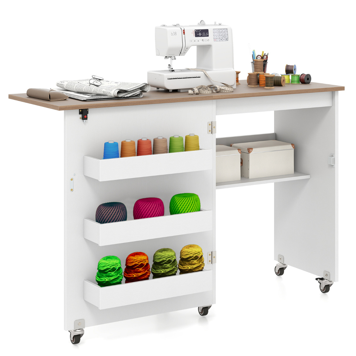 Kokkupandav õmbluslaud, rull-käsitööjaam, hoiuriiul, 3 peidetud kasti, valge + naturaalne laud