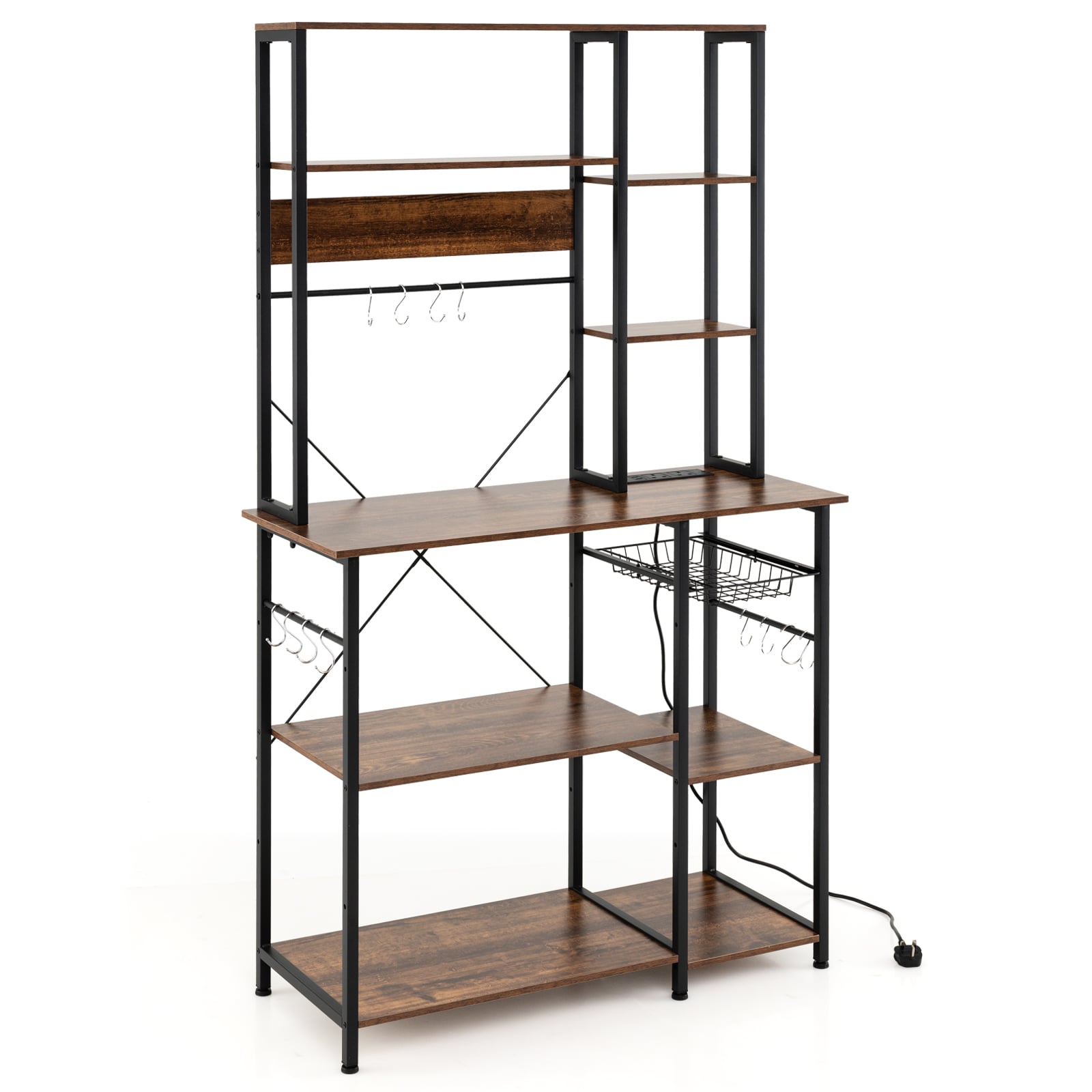 Integreeritud pistikupesa ja traatkorviga kuuekorruseline köögiriiul, tugev mikrolaineahju stend ja pagaririiul (Bakers Rack) (99 x 40 x 170 cm), pruun