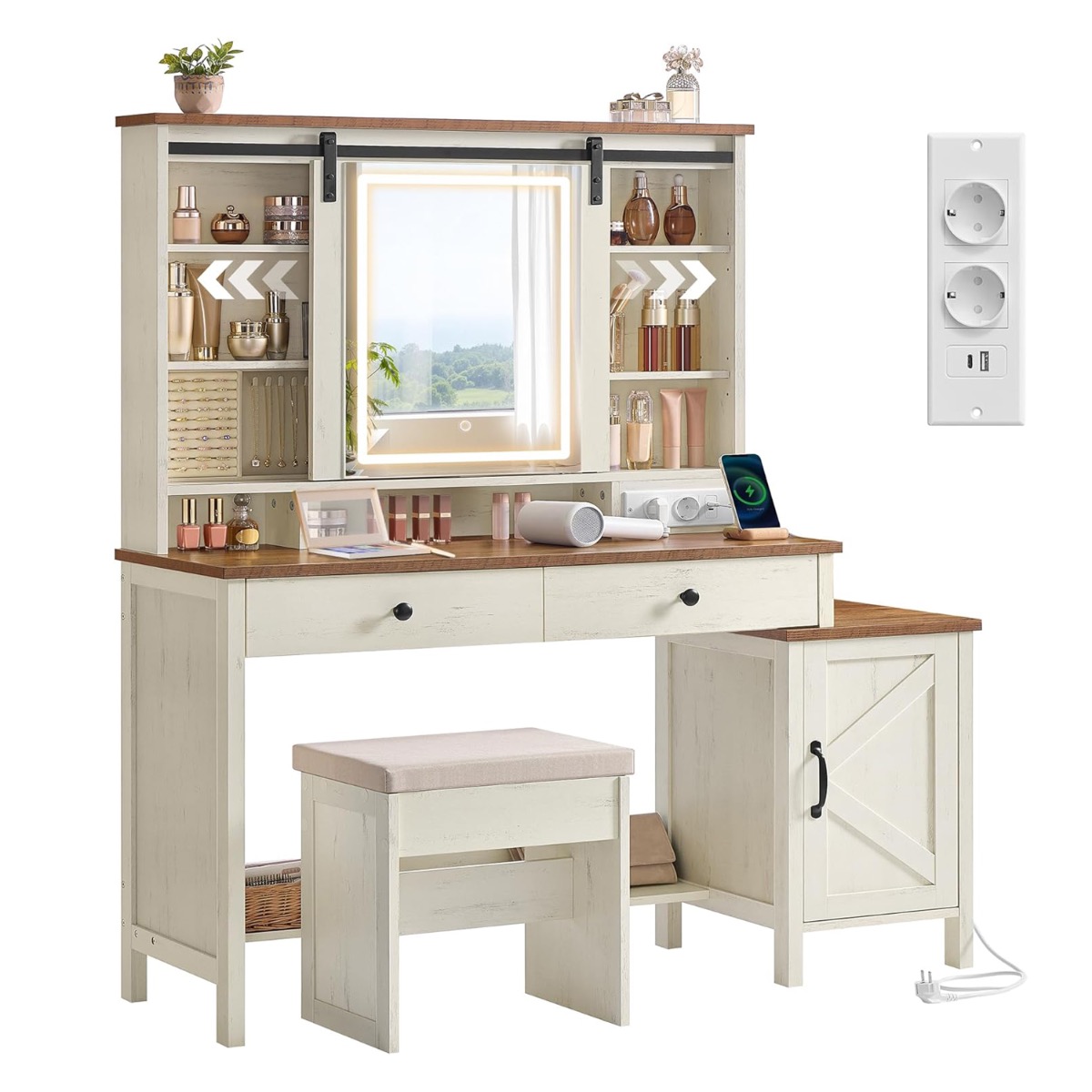 Tualettlaud peegli ja LED-valgustusega – maamaja stiilis taburetiga, laadimisjaamaga, 2 sahtli ja ehete hoiustamisega, vintage valge/meepruun