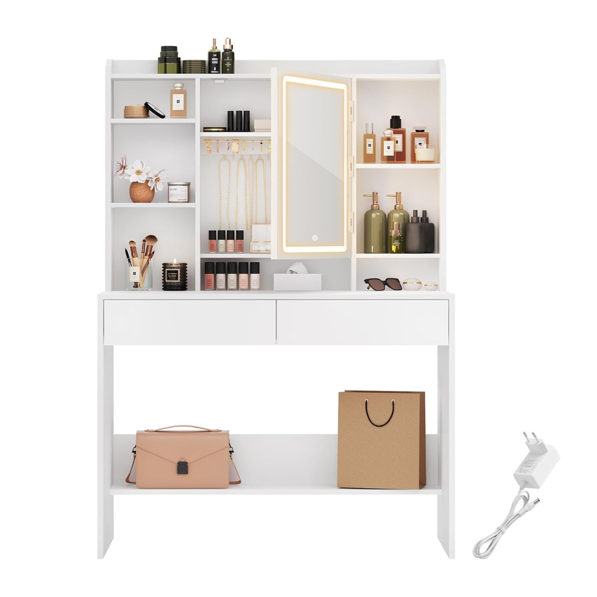 Tualettlaud peegli ja LED-valgustusega (3 värvitooni, reguleeritav heledus), reguleeritavad riiulid, 2 sahtlit, moodne, valge