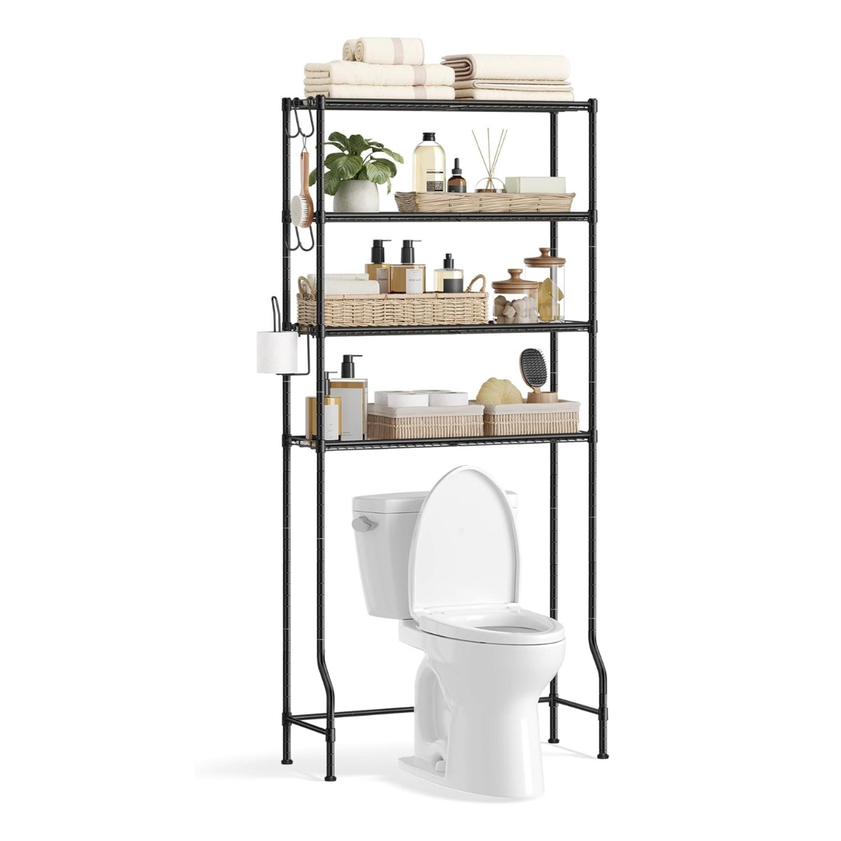 4-korruseline reguleeritavate riiulitega WC-riiul must