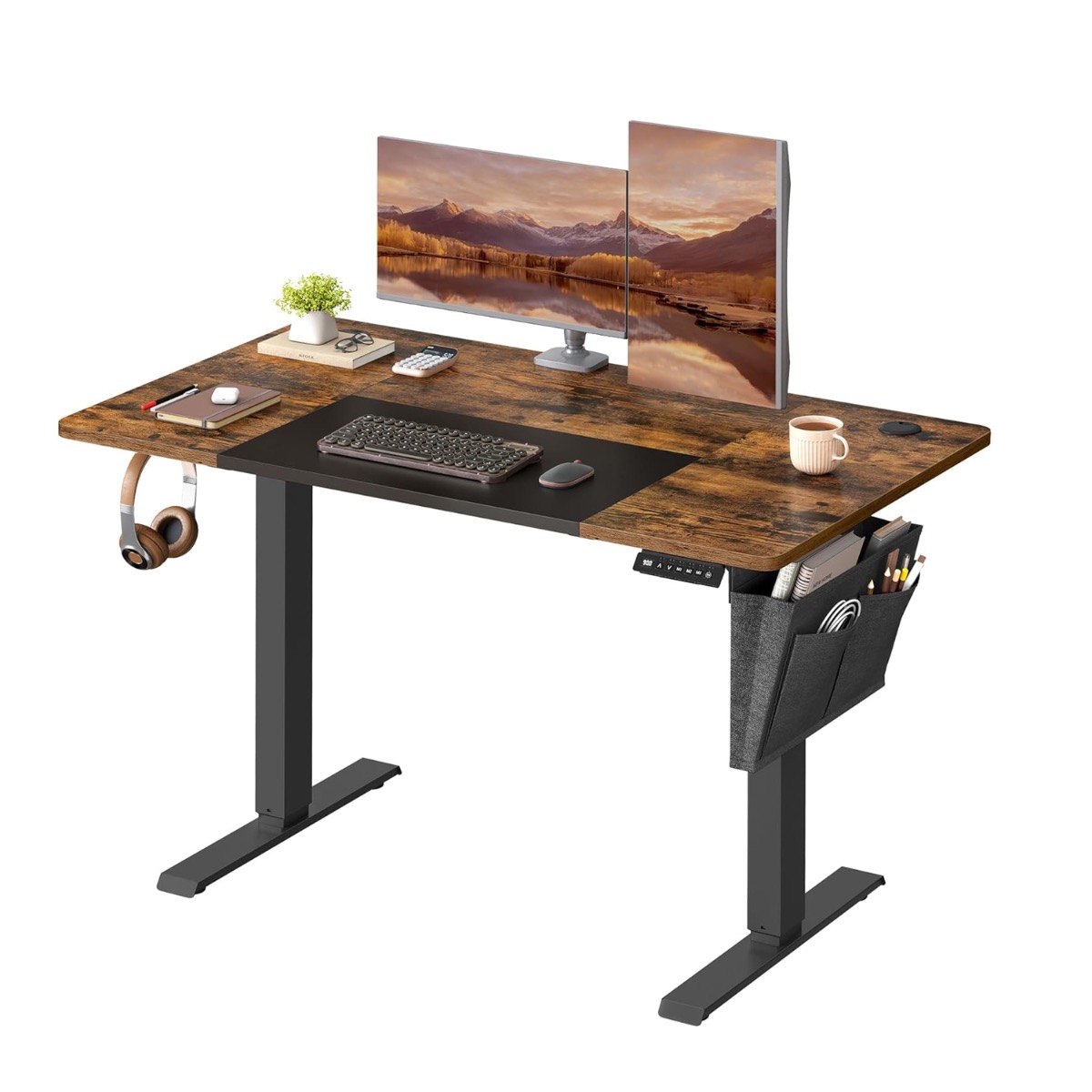 Elektriline kõrguse reguleeritav kirjutuslaud mälu- ja LED-näidikuga, 120 x 60 x (72-120) cm, vintage pruun-must