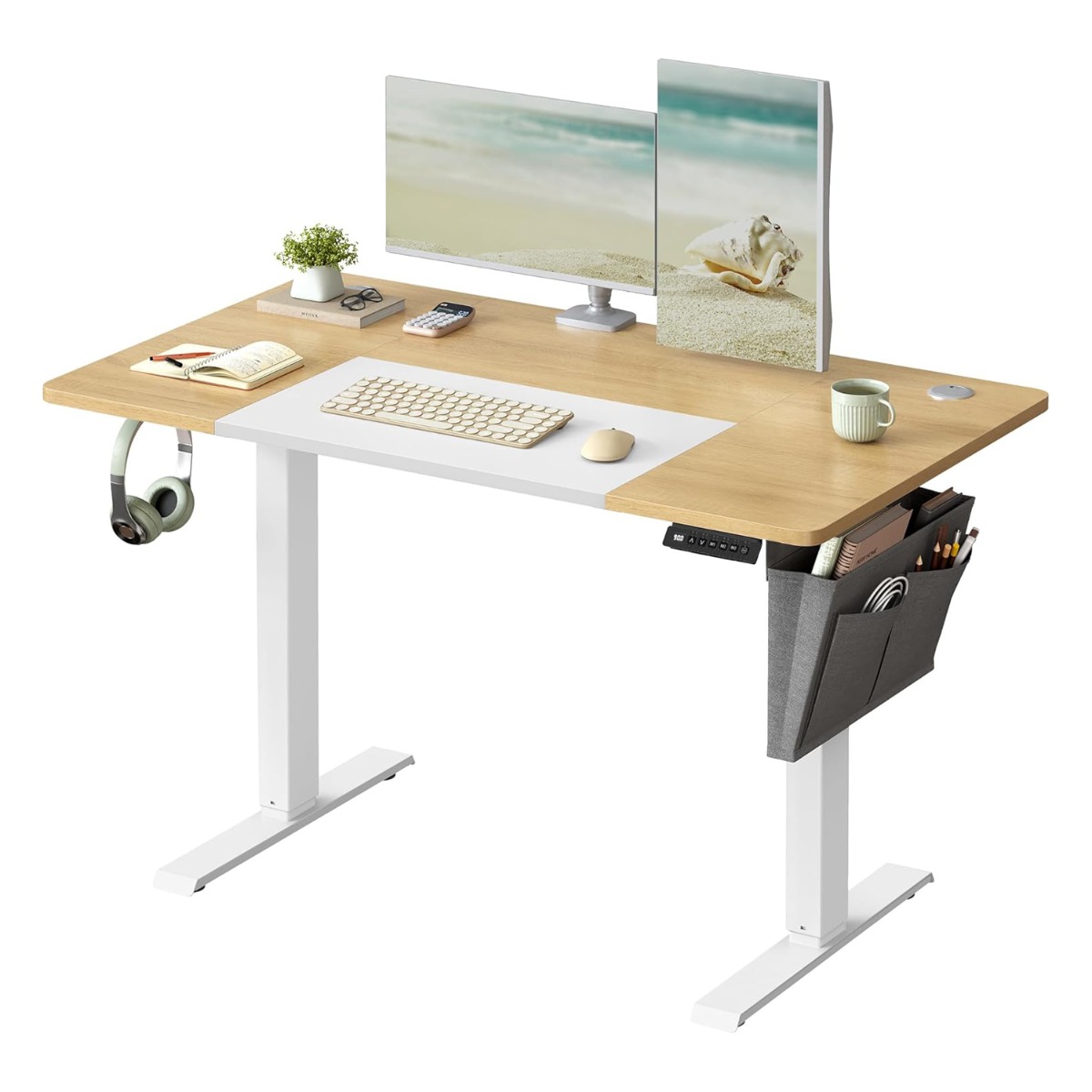 Kirjutuslaud, elektriliselt kõrguse reguleerimisega, 120 × 60 × 72–120 cm, 4 mälupositsiooniga, kangastaskuga, naturaalne