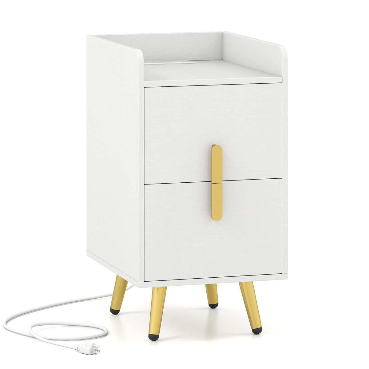 Öökapp laadimisjaamaga, kitsas öökapp kahe sahtliga, abilaud metalljalgadega, valge