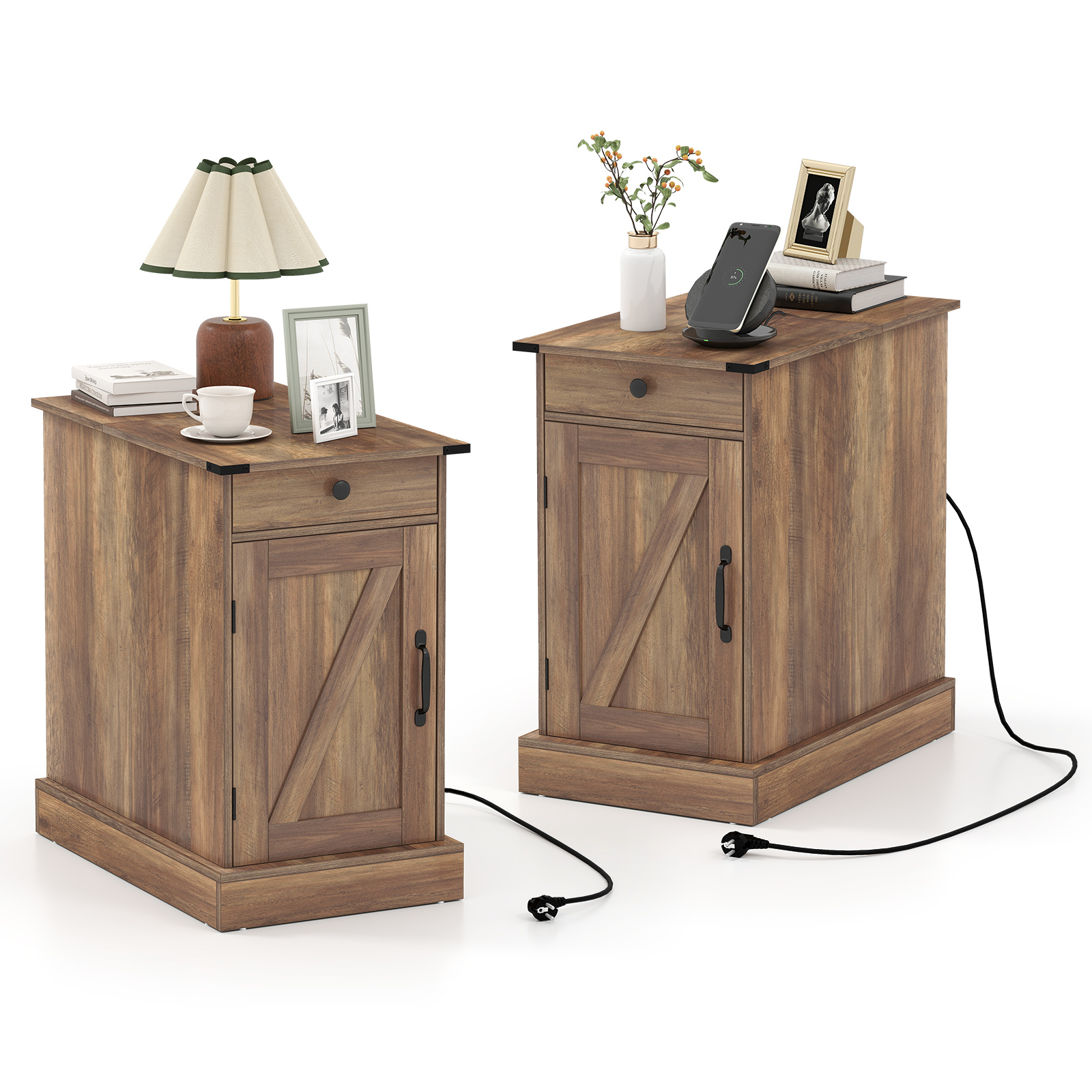 2 külglaua/külgkapi komplekt laadimisjaamaga, öökapid allaklapitava lauaplaadi ja sahtliga, maalähedane pruun