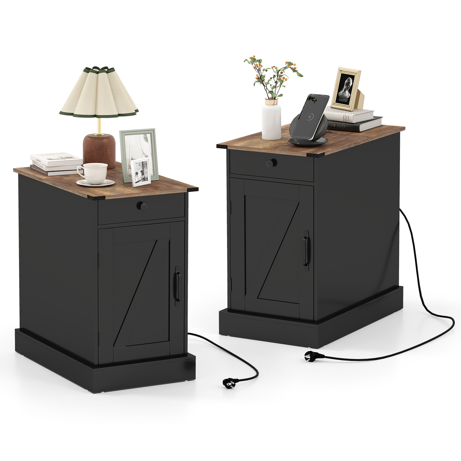 2 külglaua/külgkapi komplekt laadimisjaamaga, öökapid allaklapitavate lauaplaatidega, must