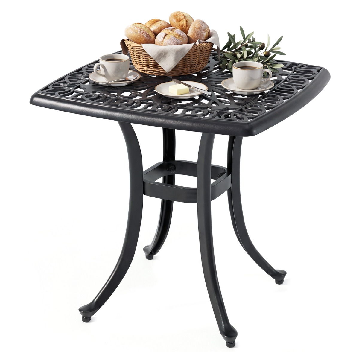 Valatud alumiiniumist külglaud, kandiline ja roostekindel aialaud integreeritud päikesevarju auguga, ilmastikukindel