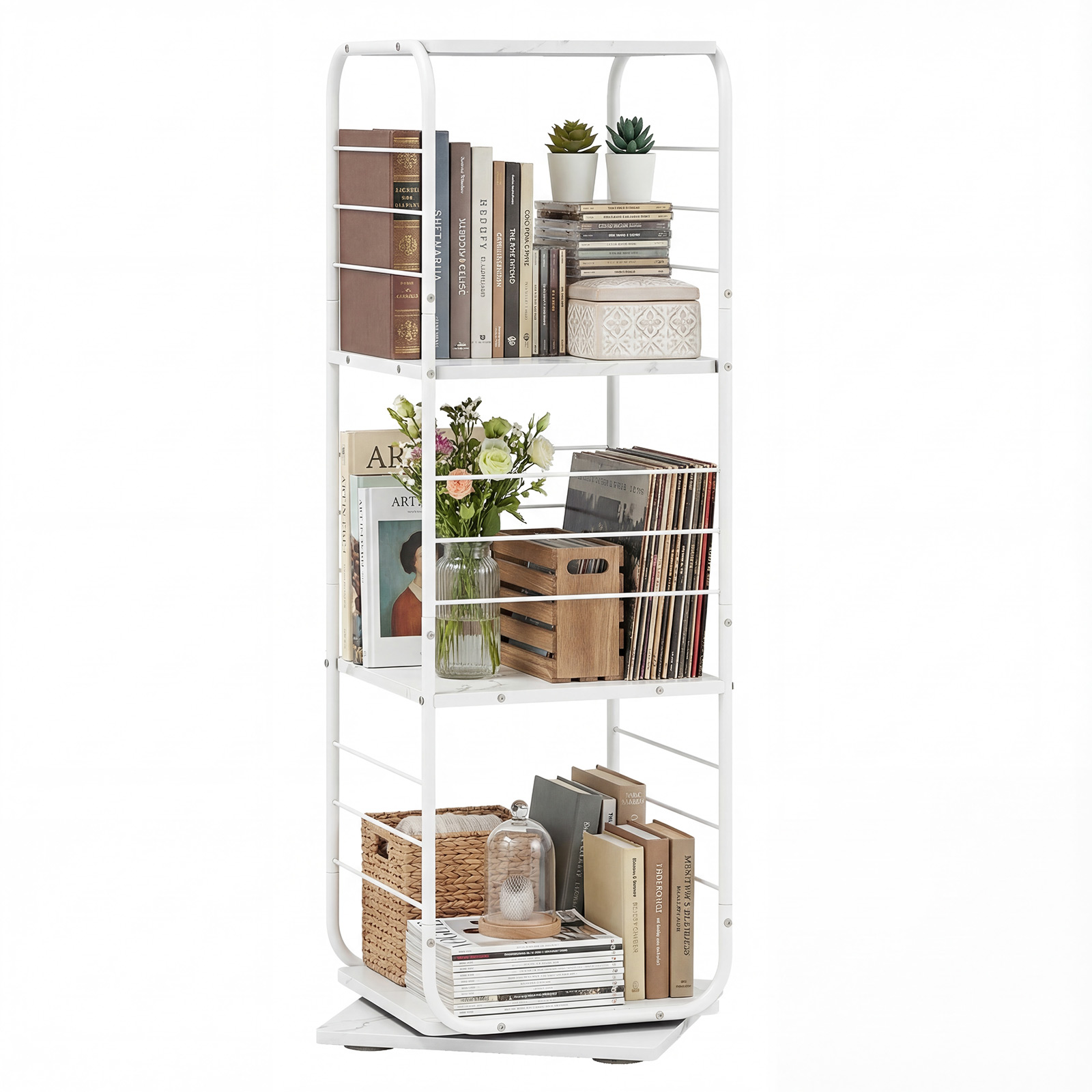 4-astmeline pöörlev raamaturiiul, 360° pöörlev raamatutorn metallraamiga, valge