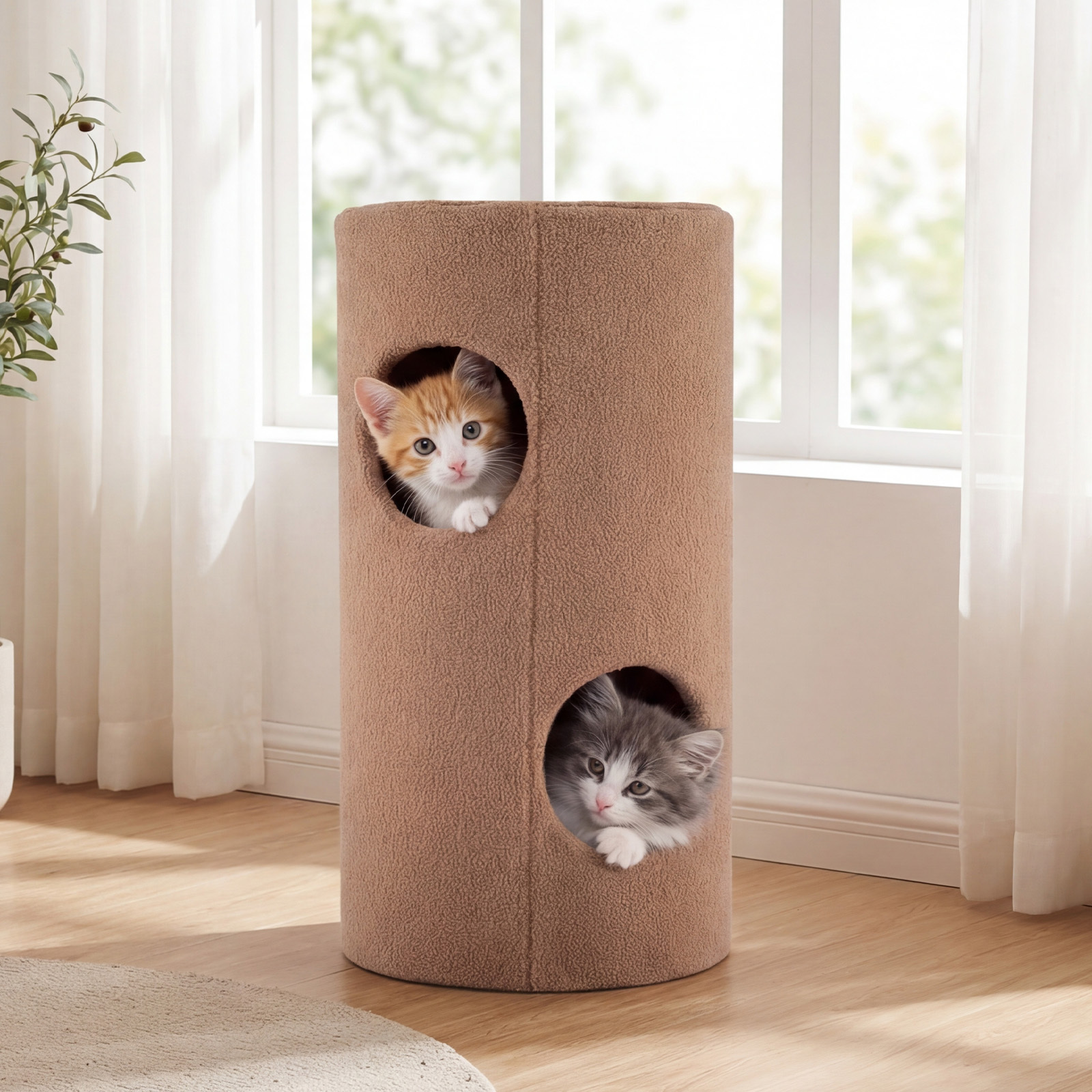 2-korruseline kassimaja, 2-korruseline korter kassipoegadele sisalist kraapimismatiga, peidetud koobas, tünnikujuline mööbel, pruun