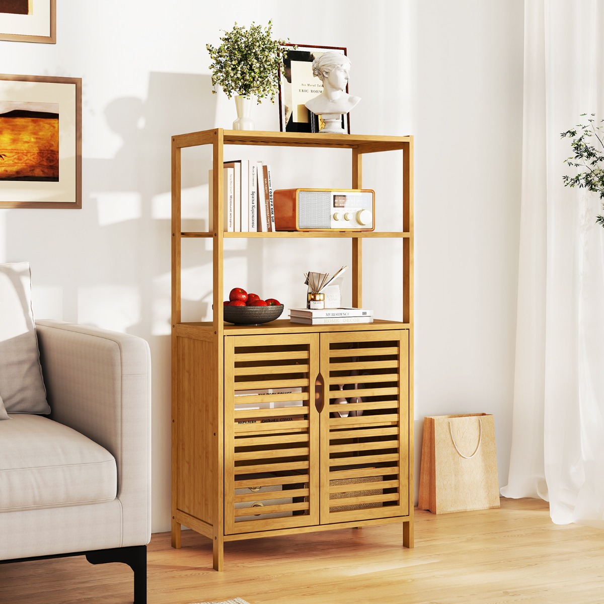 5-korruseline raamaturiiul avatud riiulite ja ribidega kapiga - naturaalne