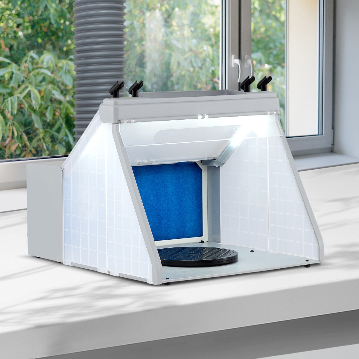 Kaasaskantav aerograafi imemisseade 3 led-tulega ja 19 cm pöördlauaga valgustatud maalimisjaam