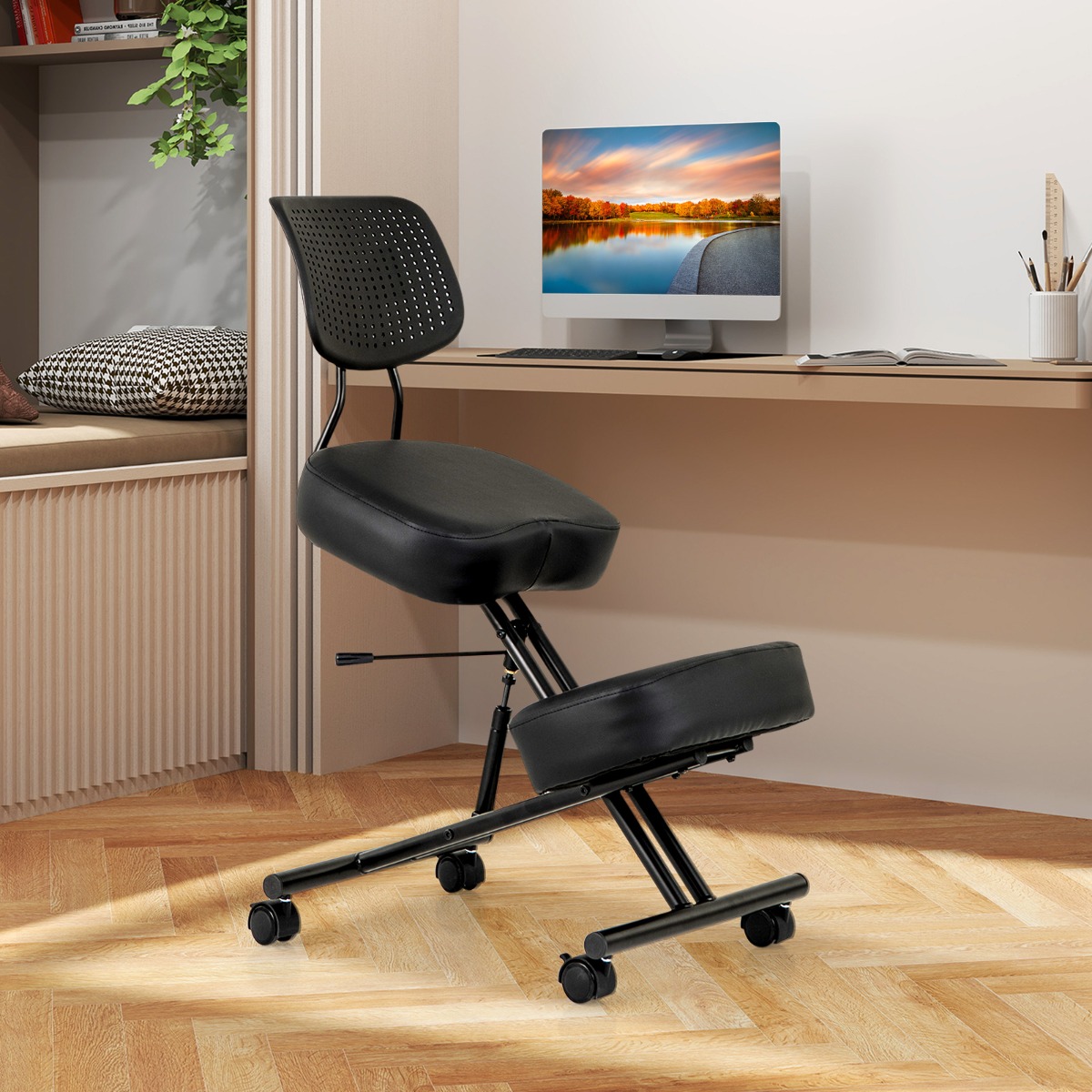 Ergonoomiline põlvitustool ja rühitugi-pukktool seljatoega ja seljavalusid leevendav ergonoomiline iste must