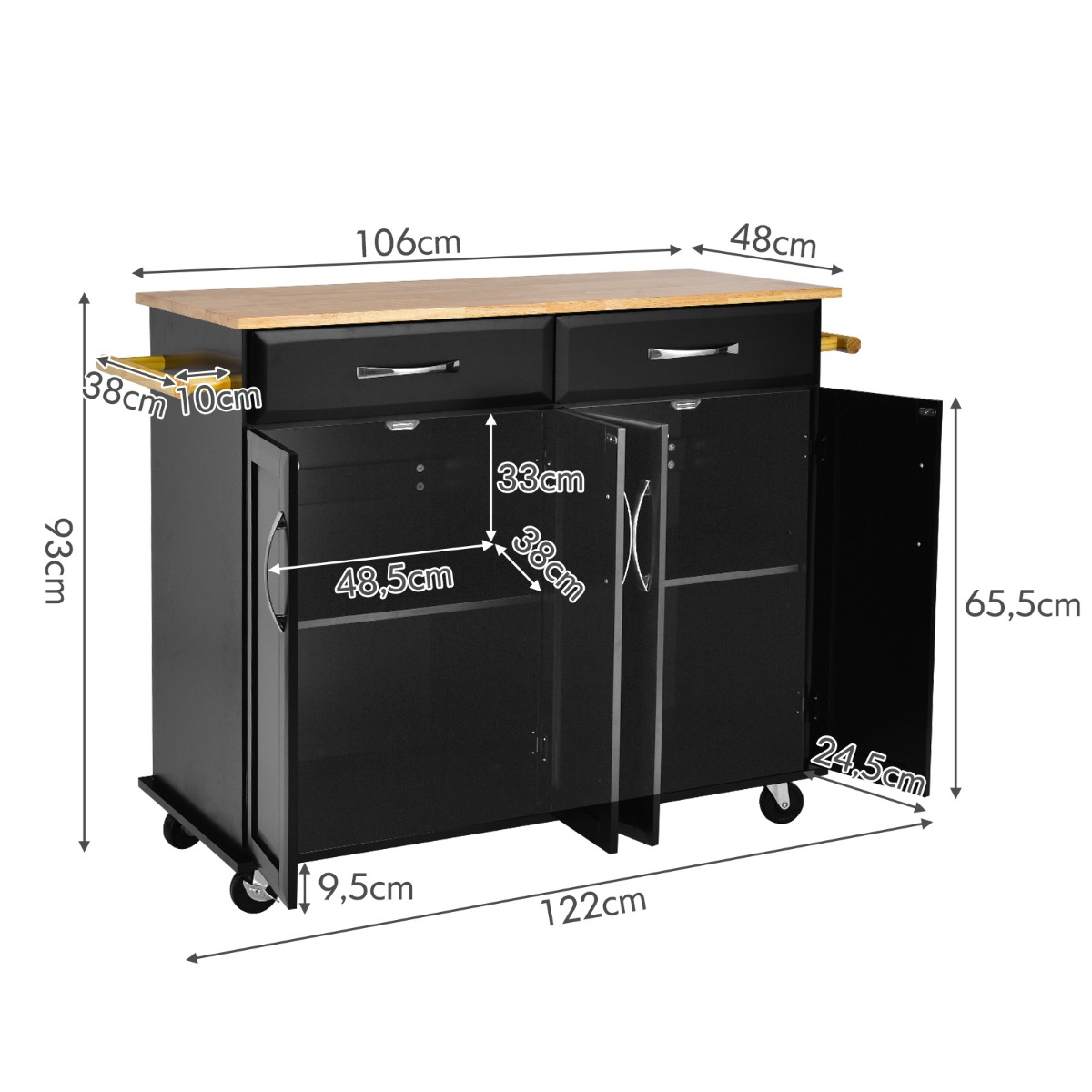 Kummipuidust töötasapinna ja 4 uksega ratastel köögisaar ning mobiilne serveerimiskäru (122 x 48 x 92,5 cm), must