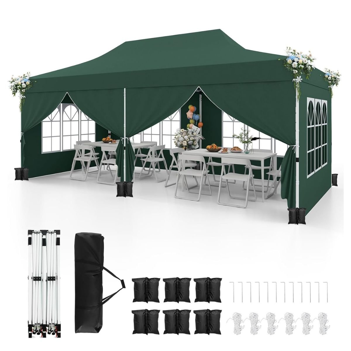 3 x 6m kokkupandav paviljon 6 eemaldatava külgseinaga kõrguse reguleeritav peotelk roheline