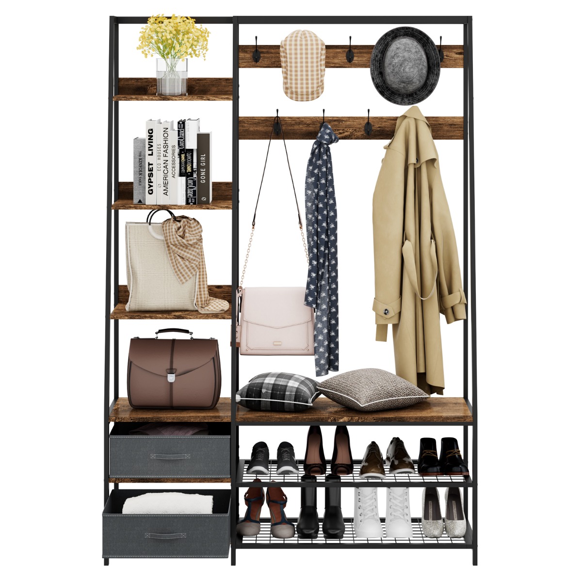 Tööstuslik riidenagi koos kingapingiga sissepääsuala jaoks 122x40x180 cm Rustikaalne pruun