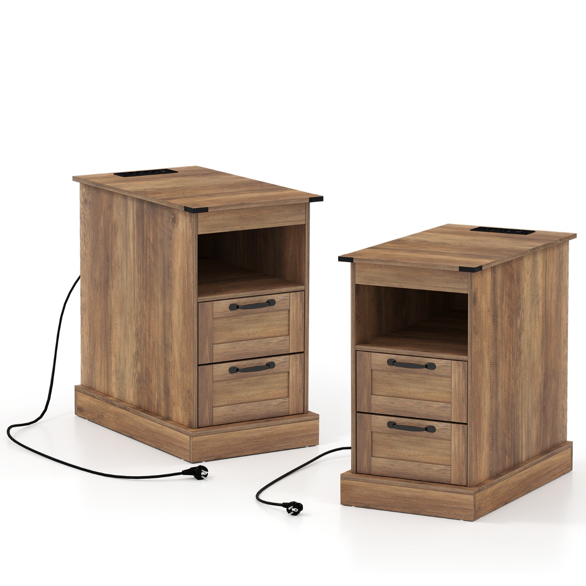 2 öökapi komplekt laadimisjaamaga, kitsas abilaud hoiuruumi ja 2 sahtliga, pruun