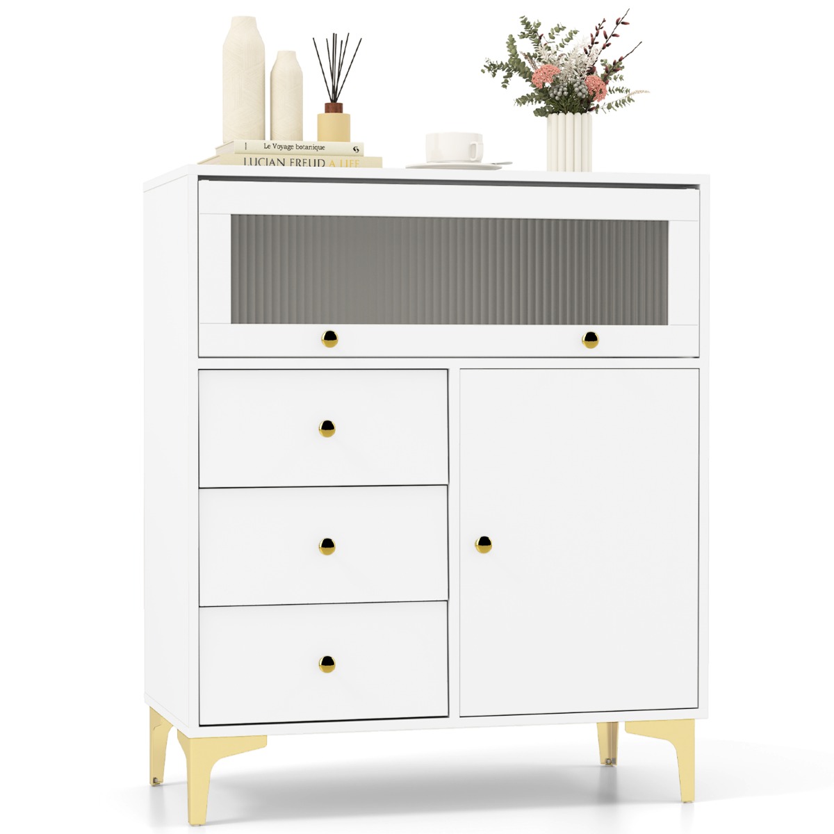 Kummut 3 sahtli ja 2 uksega kõrge klaasist uksega kapp 80 x 40 x 955 cm valge