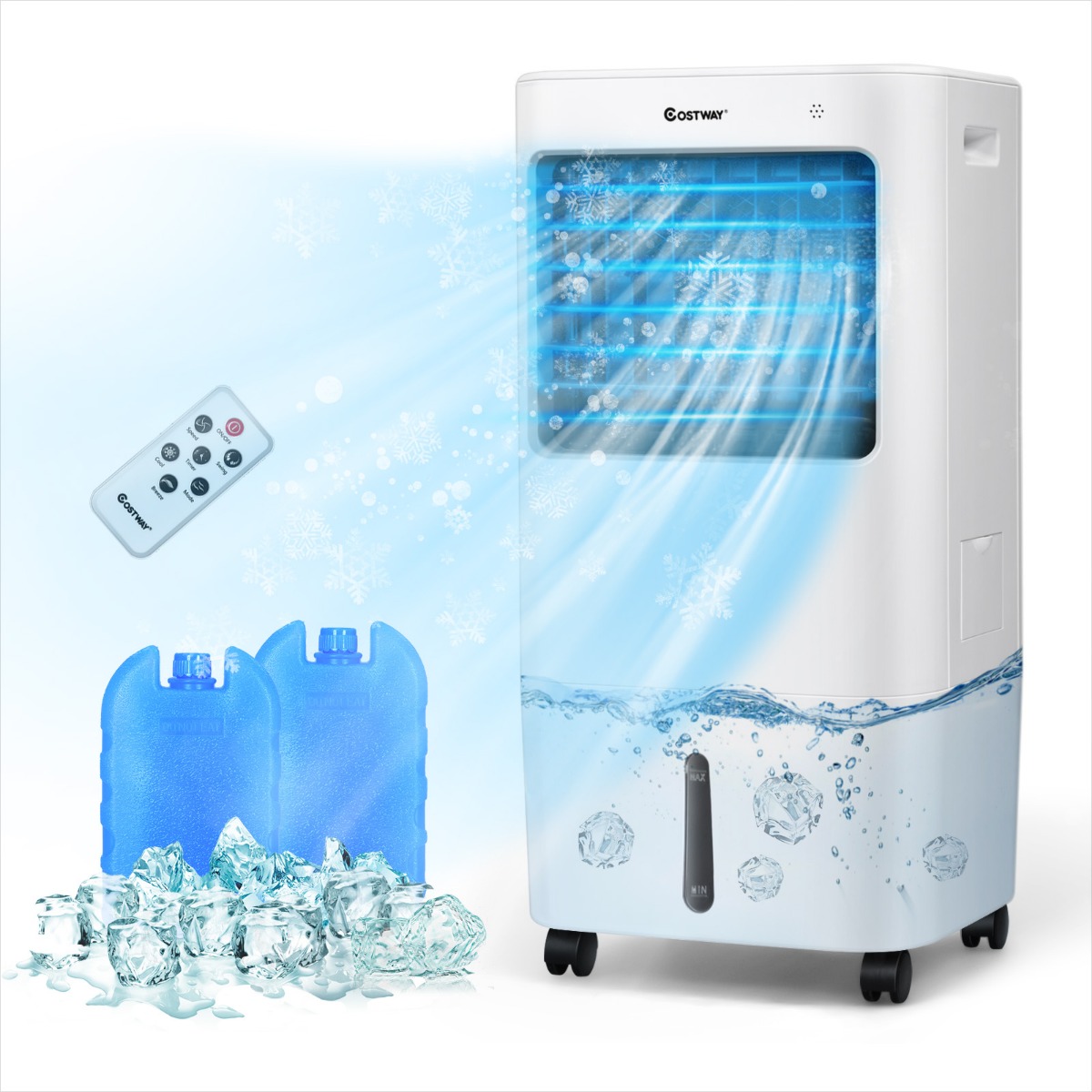 Kolm-ühes mobiilne õhujahuti, tugev evaporatiivne ruumijahuti, ventilaator ja õhuniisutaja (mõõdud 37x32x74,5 cm), valge
