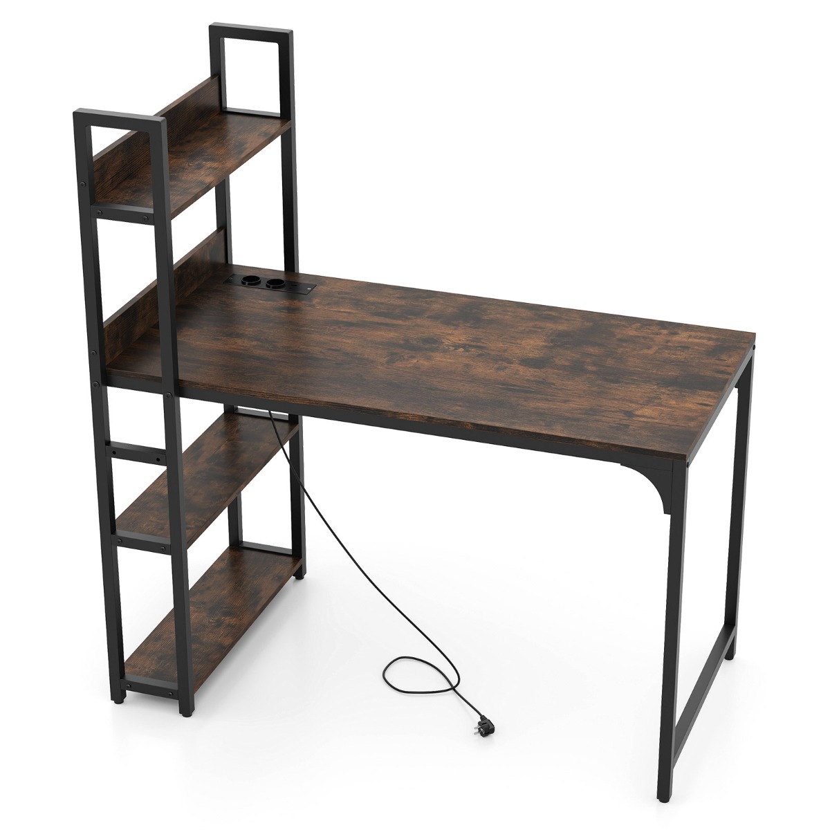 Kirjutuslaud laadimisjaamaga ja avatud raamaturiiuliga arvutilaud kontorilaud arvutilaud pruun