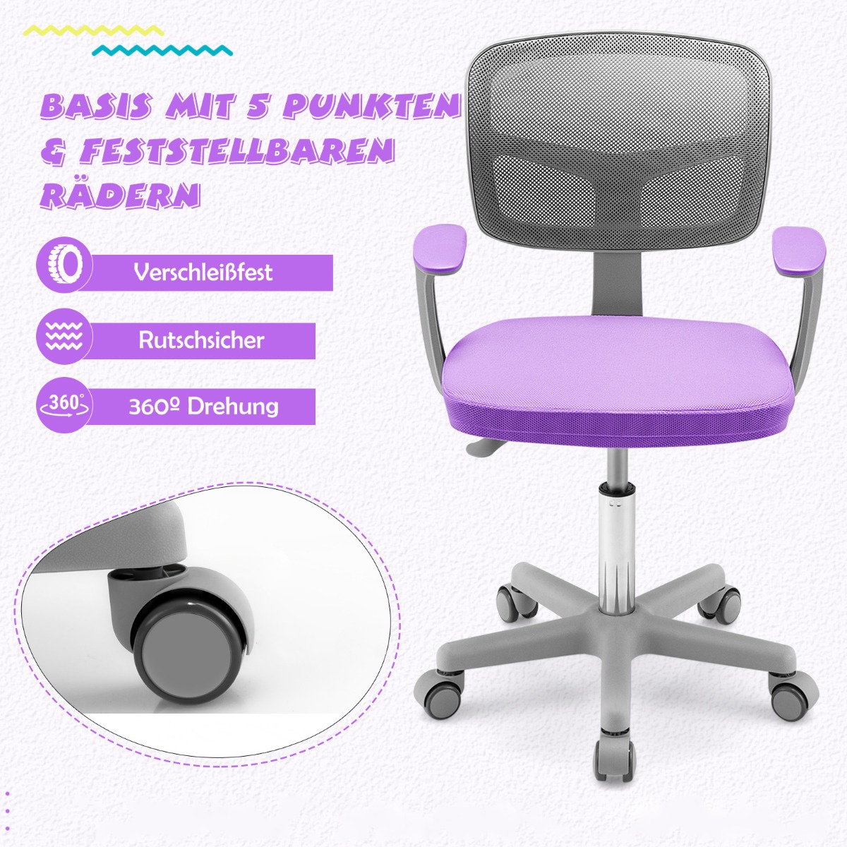 360° pööratav ja reguleeritava kõrgusega laste arvutitool ning ergonoomiline koolitool (80–91,5 cm), lilla