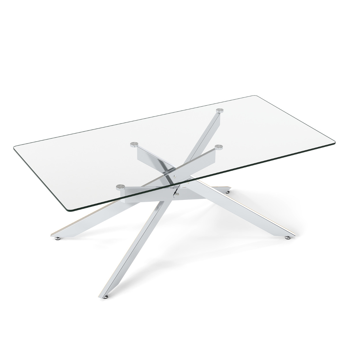 Klaasist kohvilaud, ristkülikukujuline kesklaud karastatud klaasist pealispinna ja torukujuliste metalljalgadega, laud 120 x 60 x 45,5 cm, hõbedane