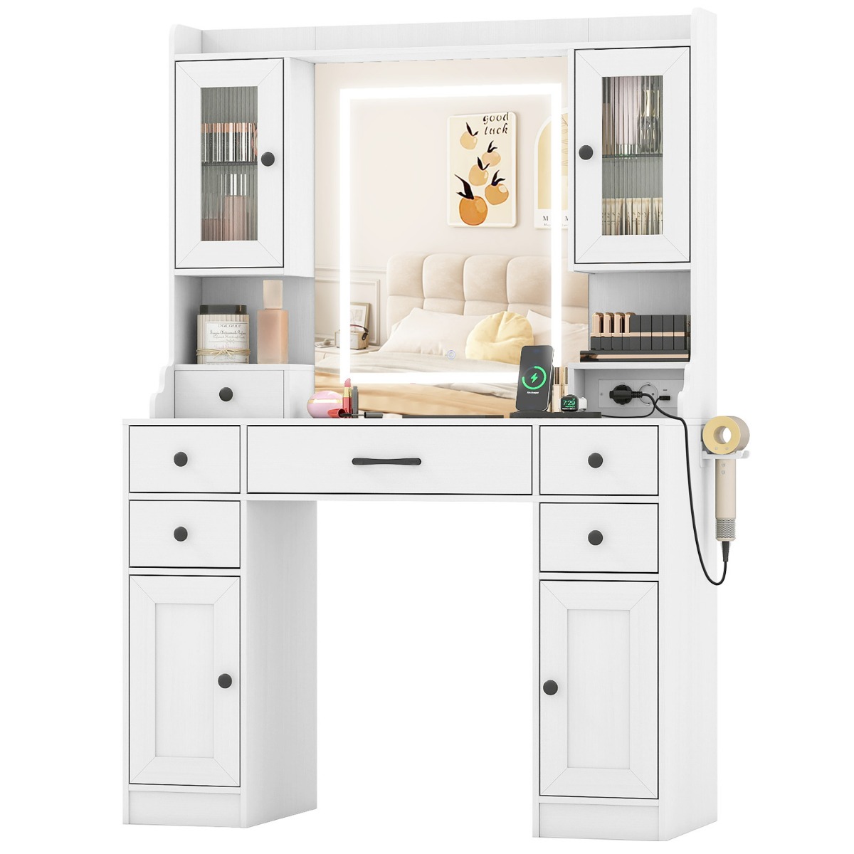 Pistikupesade ja reguleeritava heledusega tualettlaud, föönihoidja ja sahtlitega tualettlaud