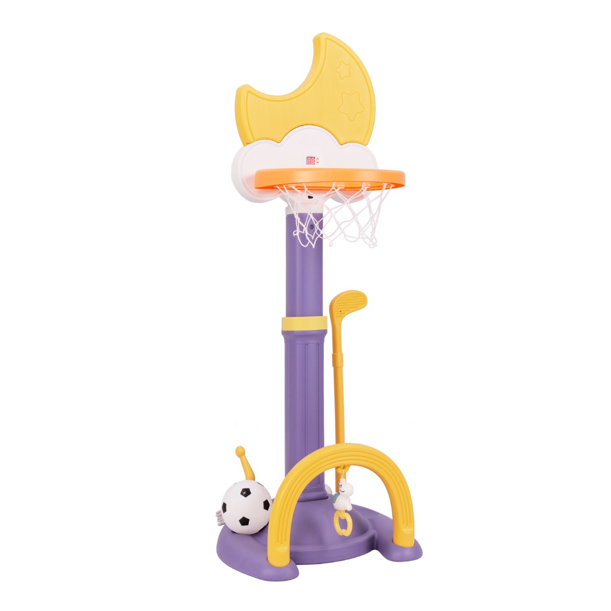 4 ühes laste korvpallikorvi komplekt koos korvpalli jalgpalli ja rõngaviskega kollane korvpallialus