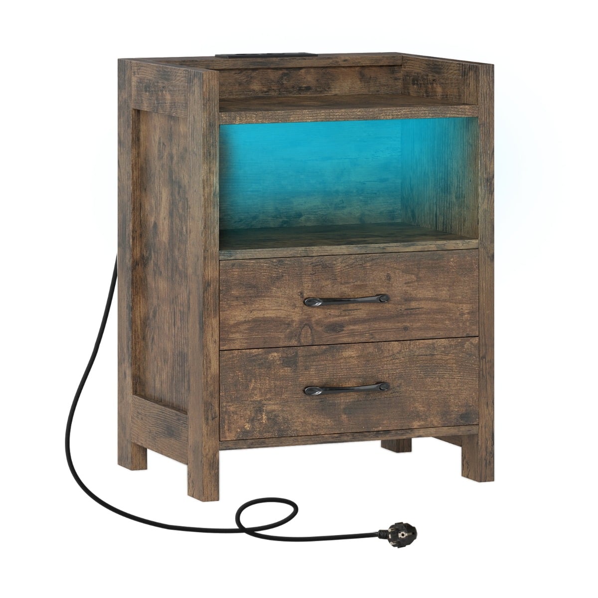 Integreeritud LED-valgustusega, laadimisjaama, 2 sujuva sahtli ja avatud lahtriga modernne öökapp ning abilaud (45x35x60 cm), rustikaalne pruun