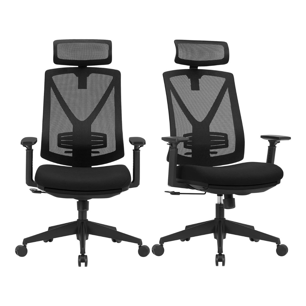 Kontoritool jalatoega, komplekt 2, ergonoomiline nimmetoega lauatool, reguleeritav peatugi ja käetugi, kõrguse reguleerimise ja kiigufunktsioon, must OBN61BKV1-2