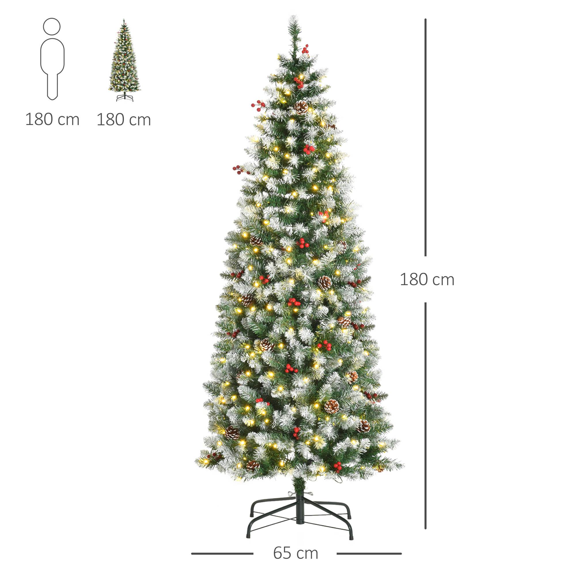 Kunstlik jõulupuu 180 cm, kunstkuusk LED-valgustusega, lumi, 618 otsa, jõulupuu kaunistus koos terasest alusega siseruumides kasutamiseks