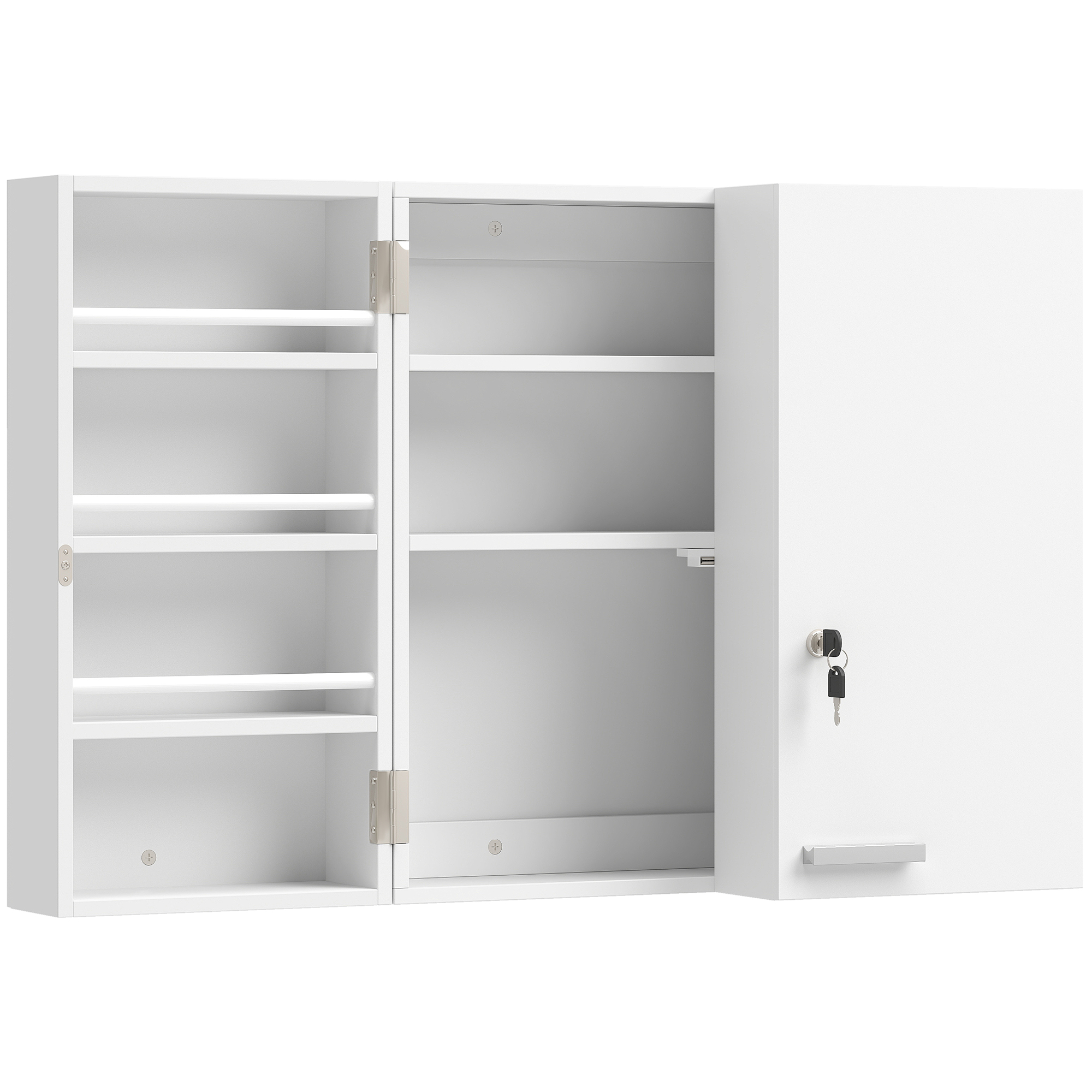 Lukustatav kahe uksega seinale kinnitatav ravimikapp 11 sektsiooniga, 2 võtit, 53 x 20 x 53 cm, valge