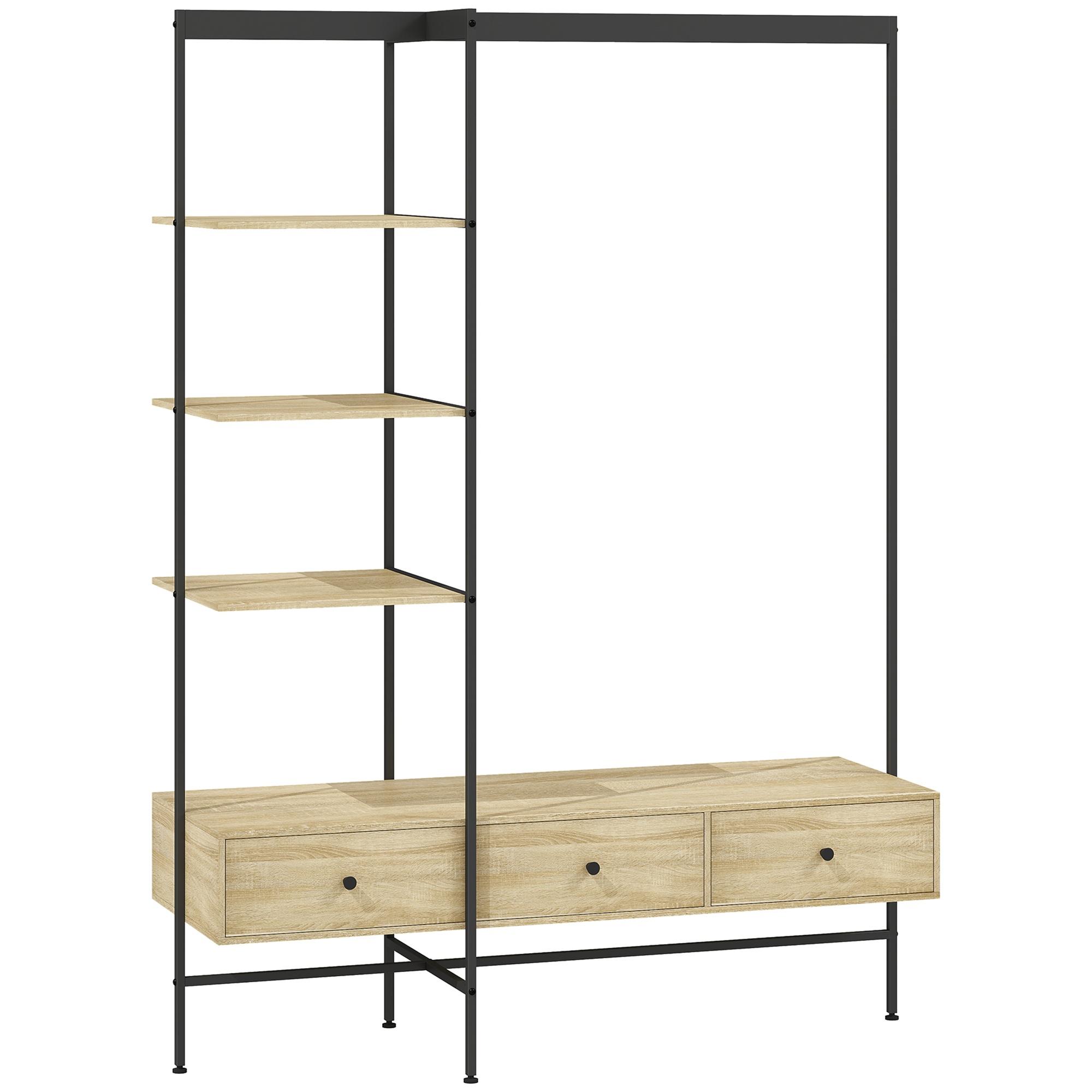 Riidepuuriiul riiulite, sahtlite ja riidepuutoruga, 180 cm eraldiseisev riidepuuriiul modernses stiilis, metallraam, tamm