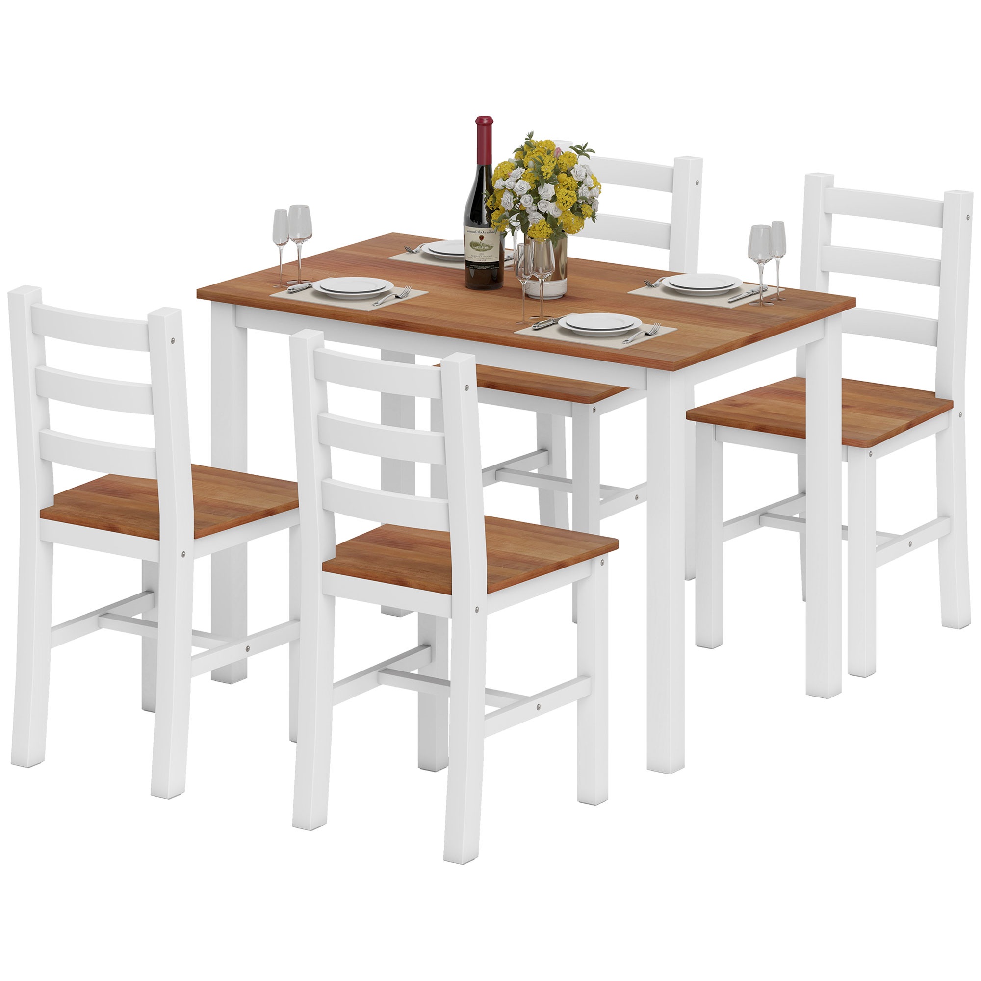 Söögilauakomplekt, söögilaud, 4 tooli, söögitoa komplekt, männipuit, pruun+valge
