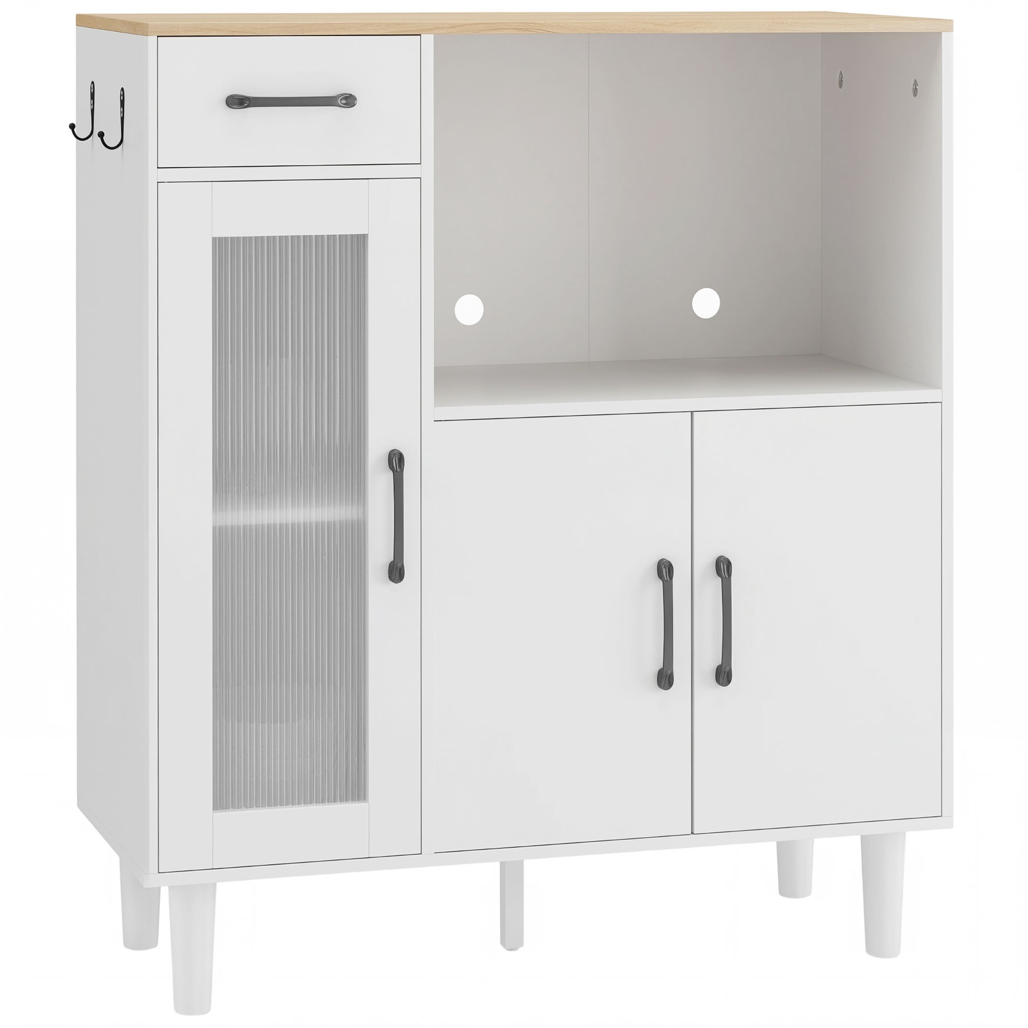 Kummutiga köögikapp, 2 kappi, avatud sektsioon, ribiline akrüülklaasist uks 80 x 34 x 91 cm valge+tamm