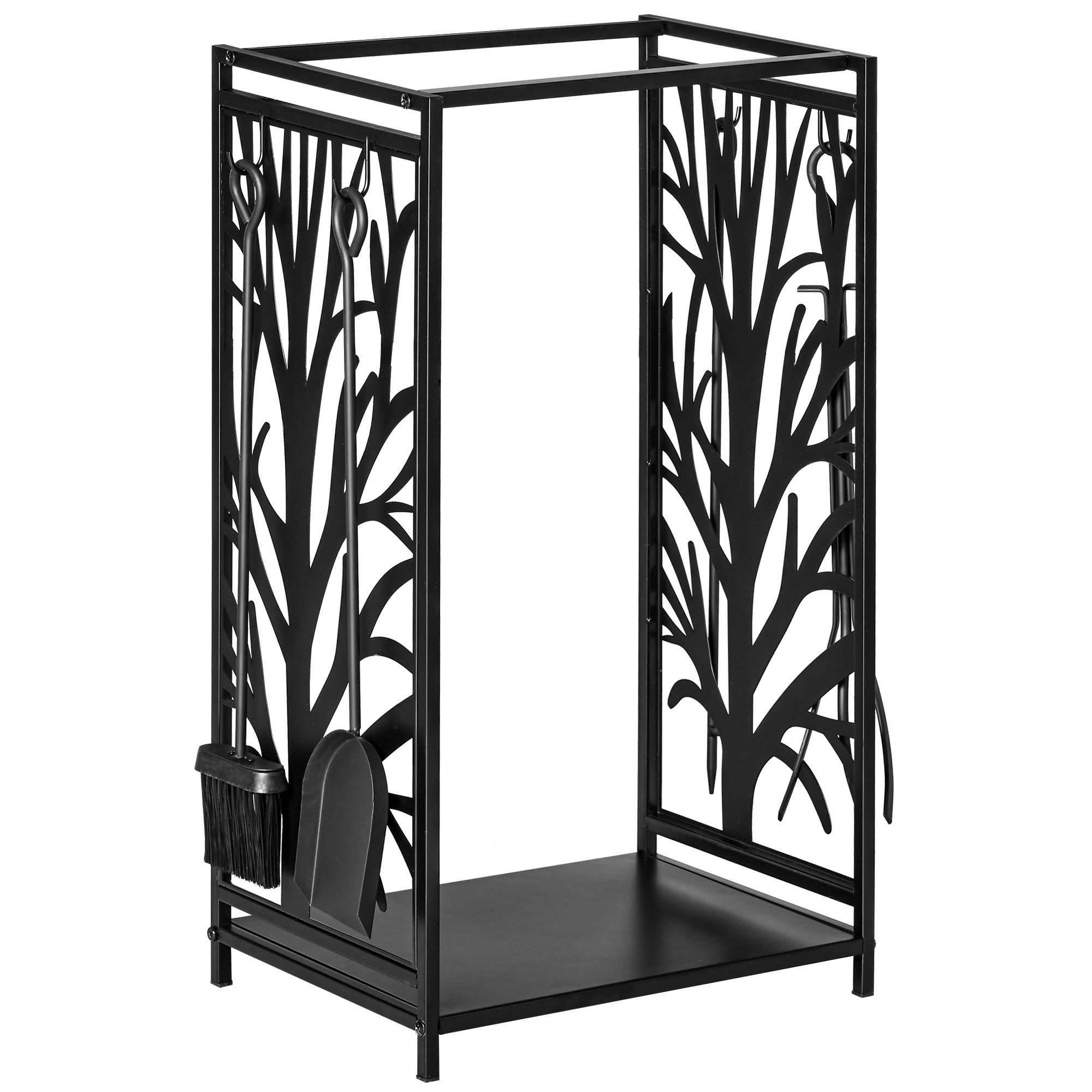 Siseruumide küttepuude riiul, terasest, 46 × 30 × 70 cm, 4 kaminatööriistade konksuga, kaminatööriistade komplekt, küttepuude alus kaminale või pliidile, küttepuude riiul, küttepuude hoidik küttepuude jaoks, must