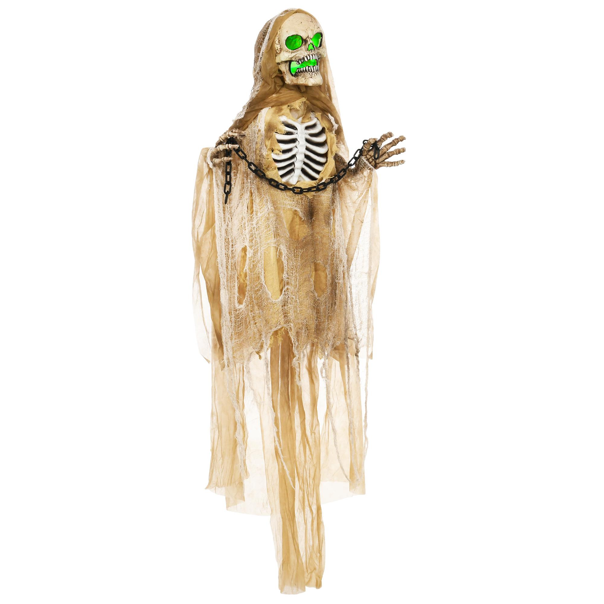 Halloweeni kaunistus, rippuv skelett, helendav pea, kõhedusttekitav ulgumine, painduvad käed, khaki värv