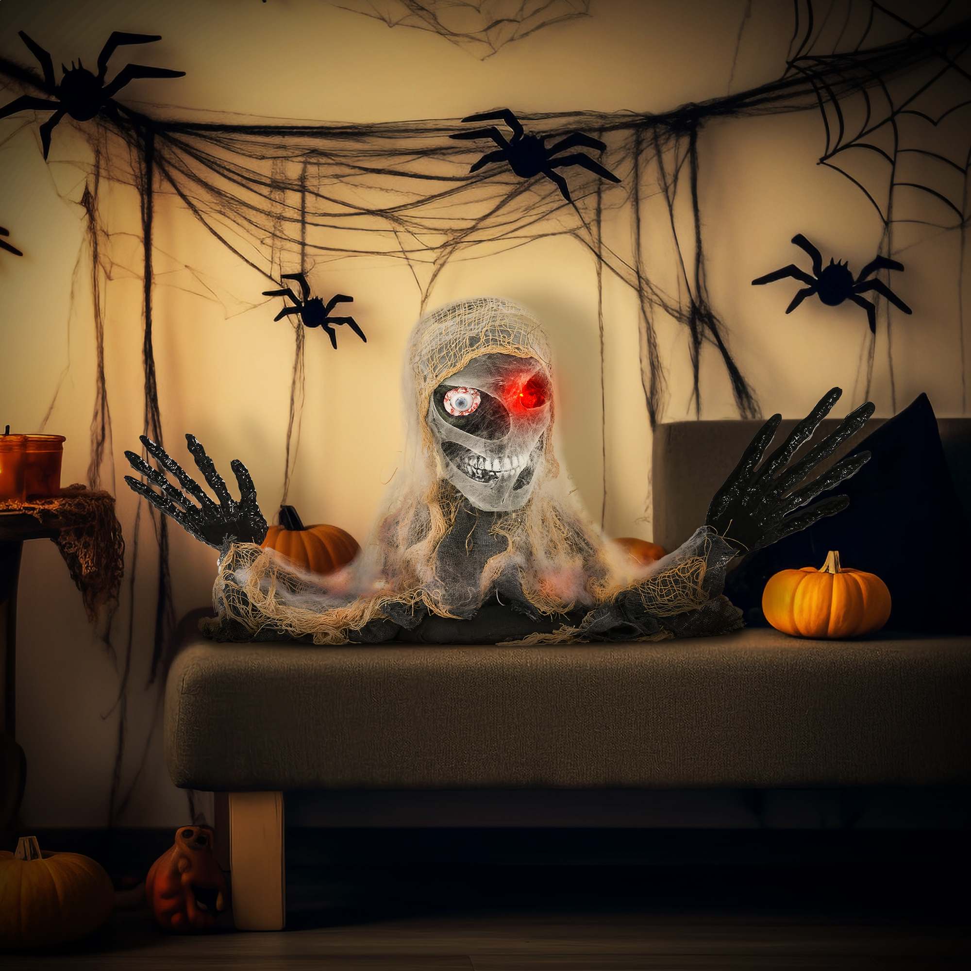 Halloweeni kaunistus, ühesilmne muumia, painduvad käed, säravad silmad, jube ulgumine, 55x18x35 cm