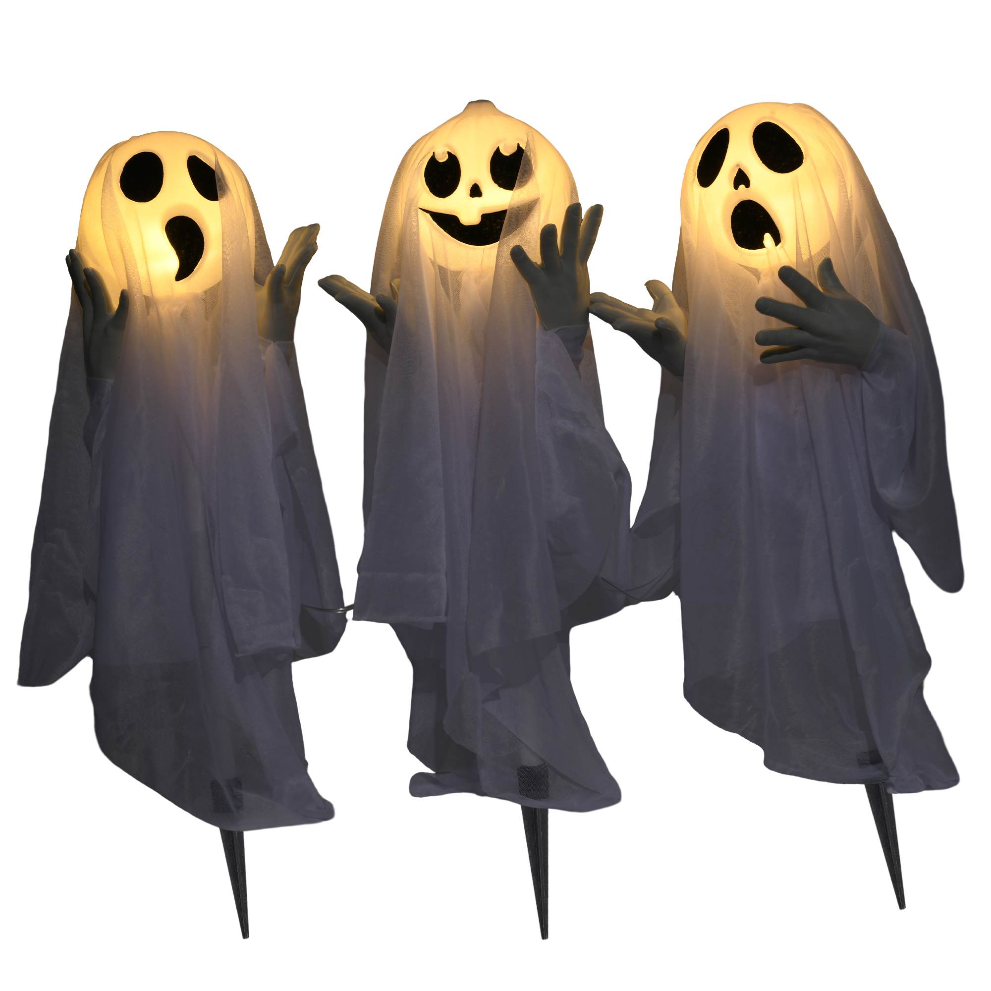 Halloweeni kaunistus, 3 helendavat kummitust, liikumisandur, 54 x 10 x 60 cm, valge