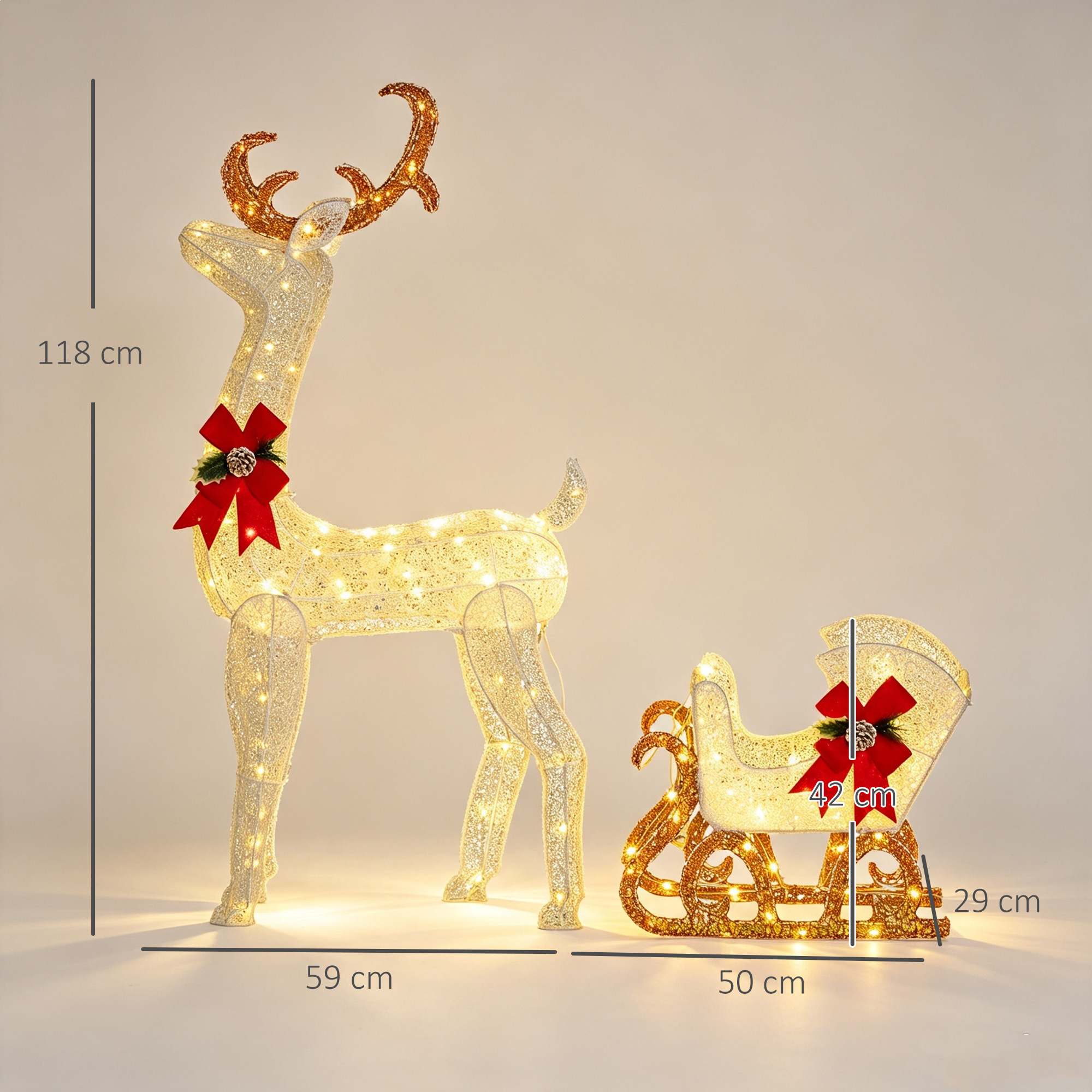 LED-jõulukaunistus, valgustatud põhjapõder ja kelk, 170 tuld, 50 x 29 x 42 cm