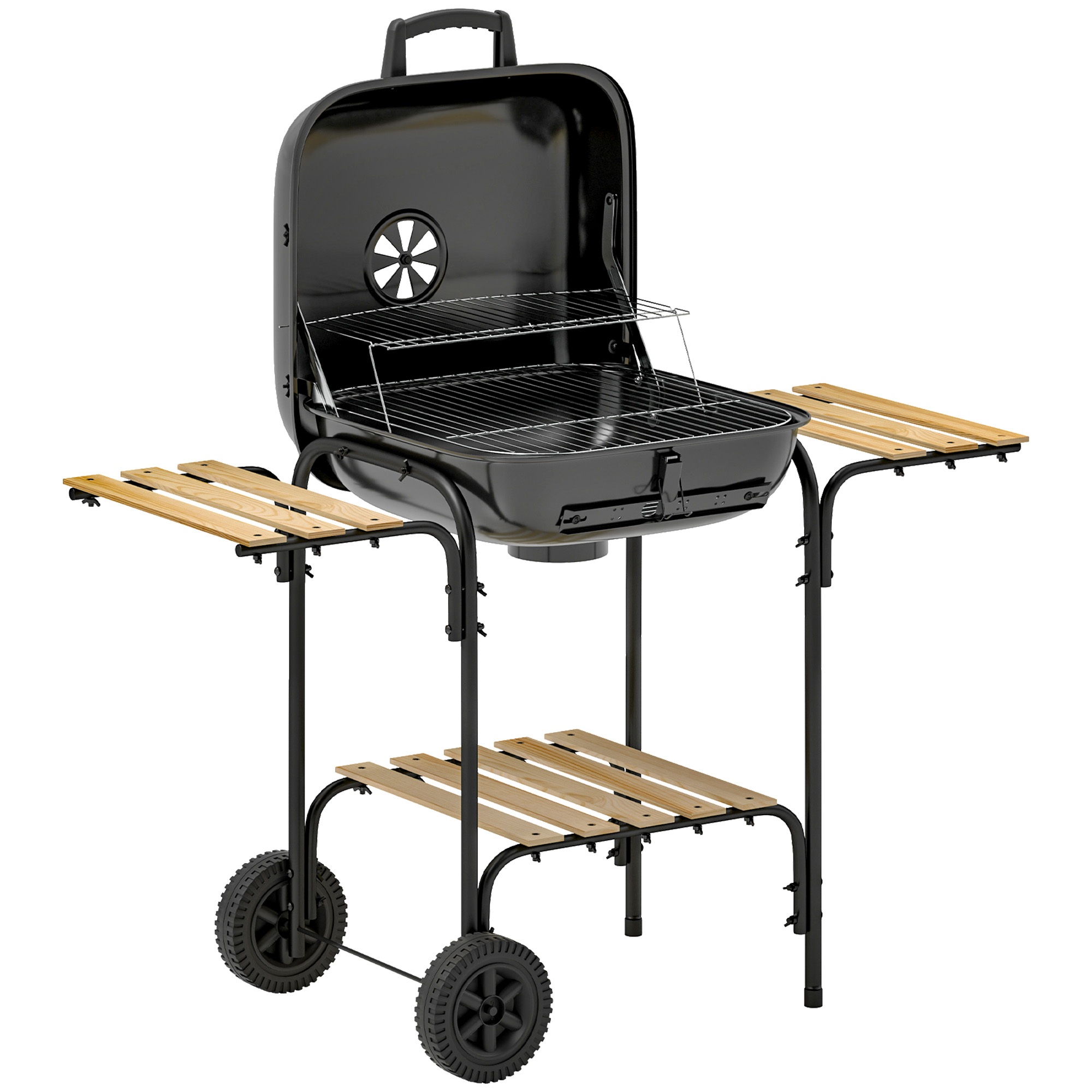 Terasest söegrill, lukustatava kaanega grillikäru, grillrest, rattad, käepide, puidust riiul, 98 x 54 x 91 cm, must