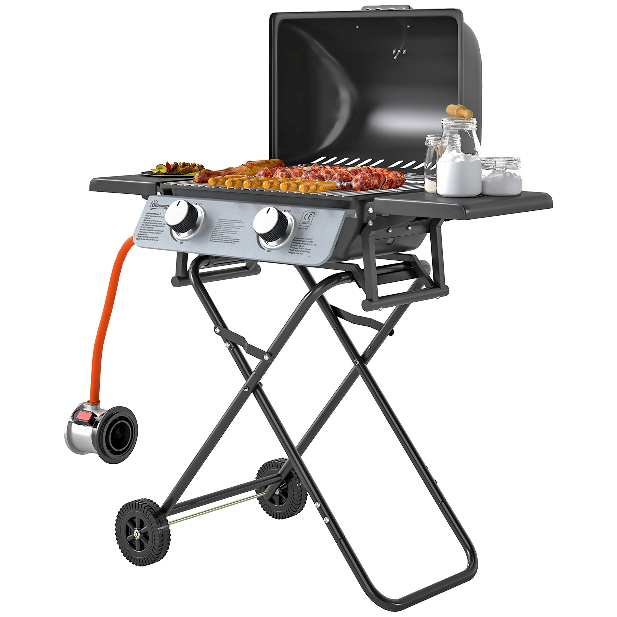 Gaasigrill 5,6 kW, grillikäru 2 roostevabast terasest põletiga, kokkupandav, külgriiulid, rattad, 101 x 50 x 102 cm, must