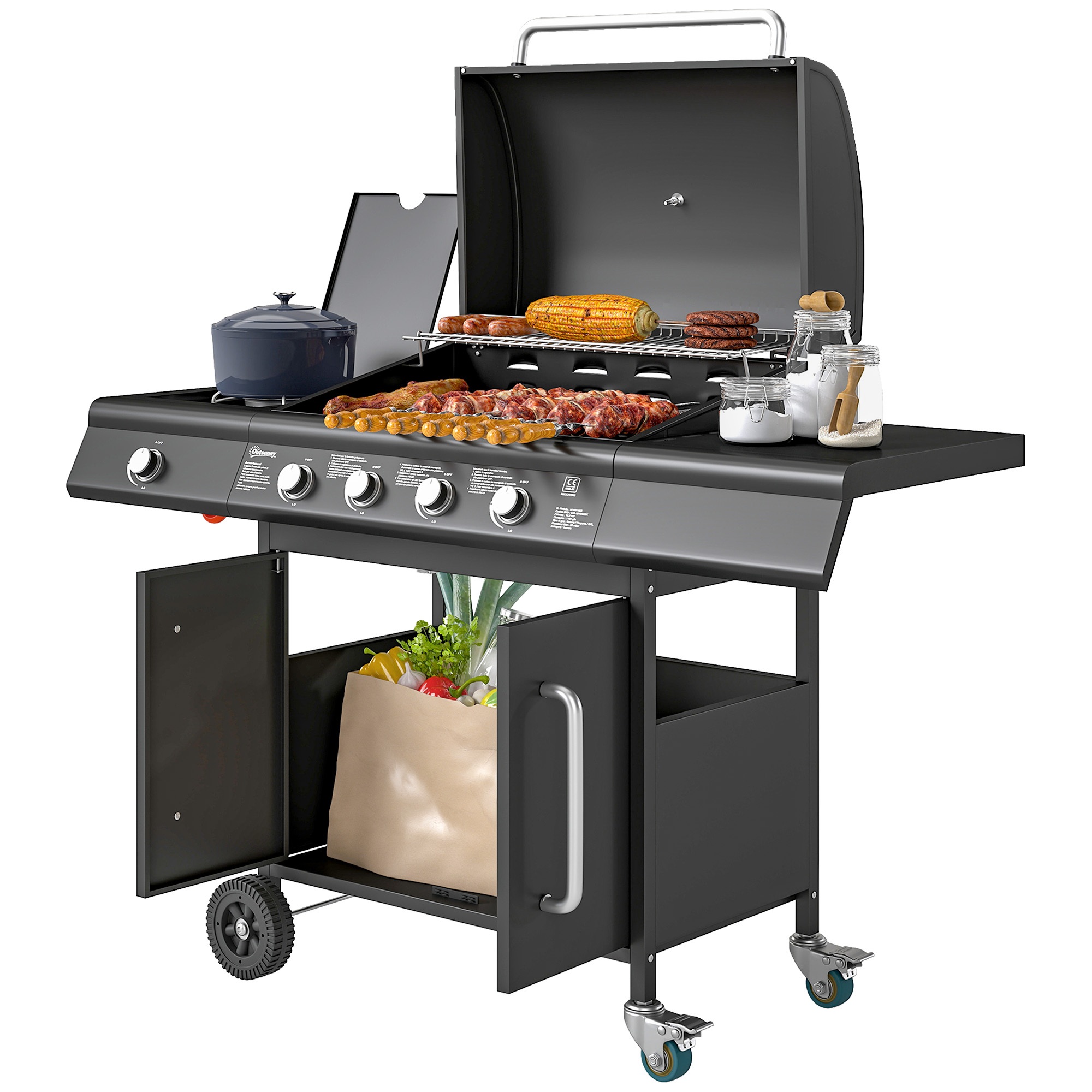 Gaasigrill 15,2 kW grillkäru, 5 roostevabast terasest põletiga, ratastel külgpõletiga, 129,5 x 56 x 110 cm, must