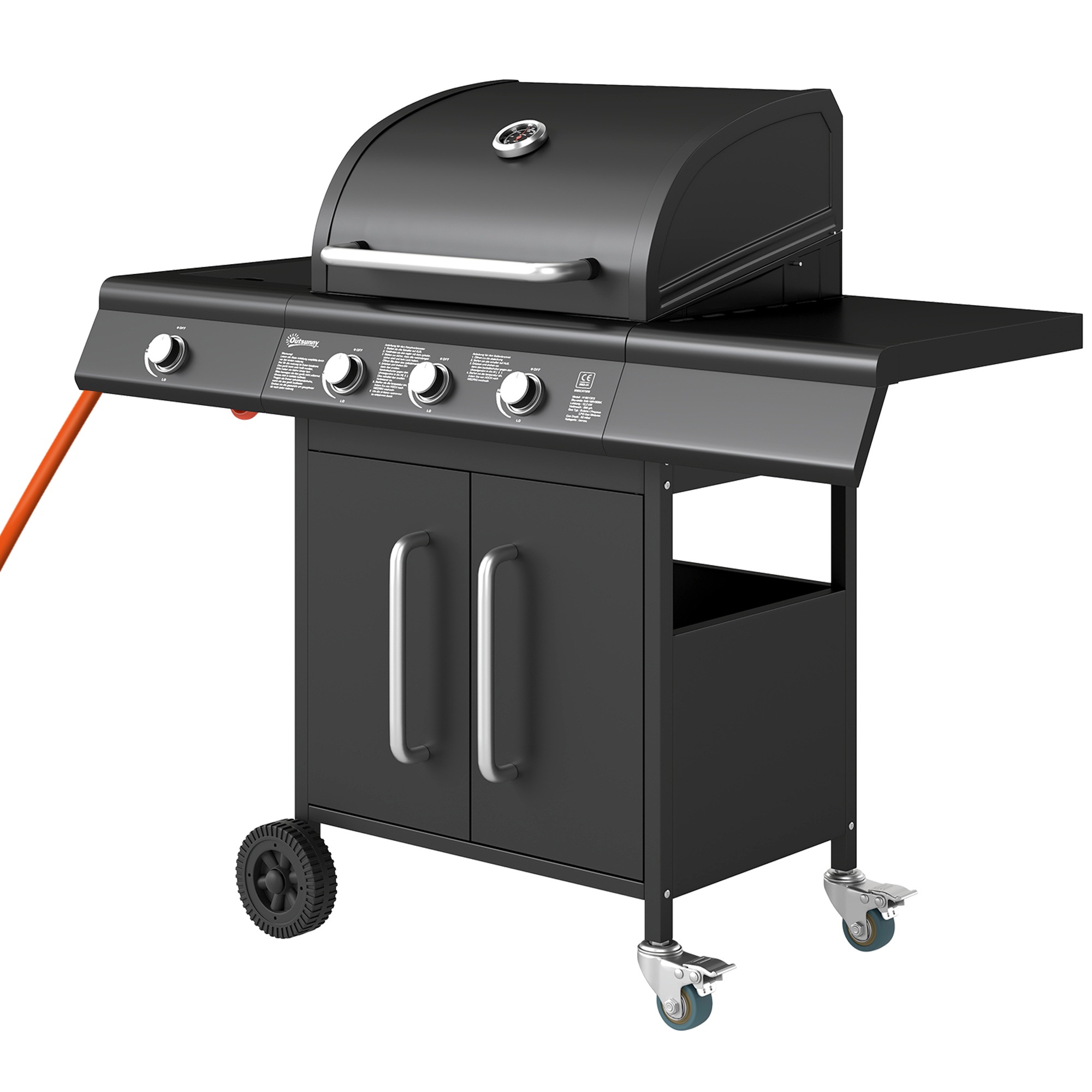Mobiilne gaasigrill hoiuruumiga, külglaud, külgpõleti, soojendusrest, termomeeter, roostevaba teras, must