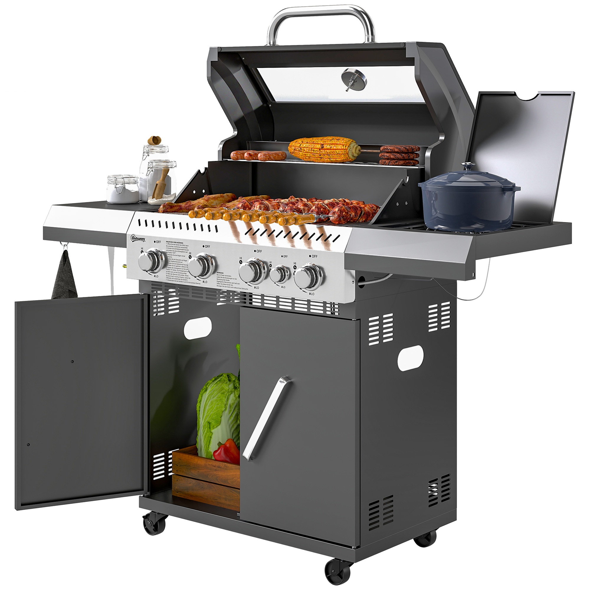 Gaasigrill 12 KW grillikäru, sh 5 põletit, külgpõleti, rattad, kaas, termomeeter, külgriiulid, 135 x 54 x 110 cm