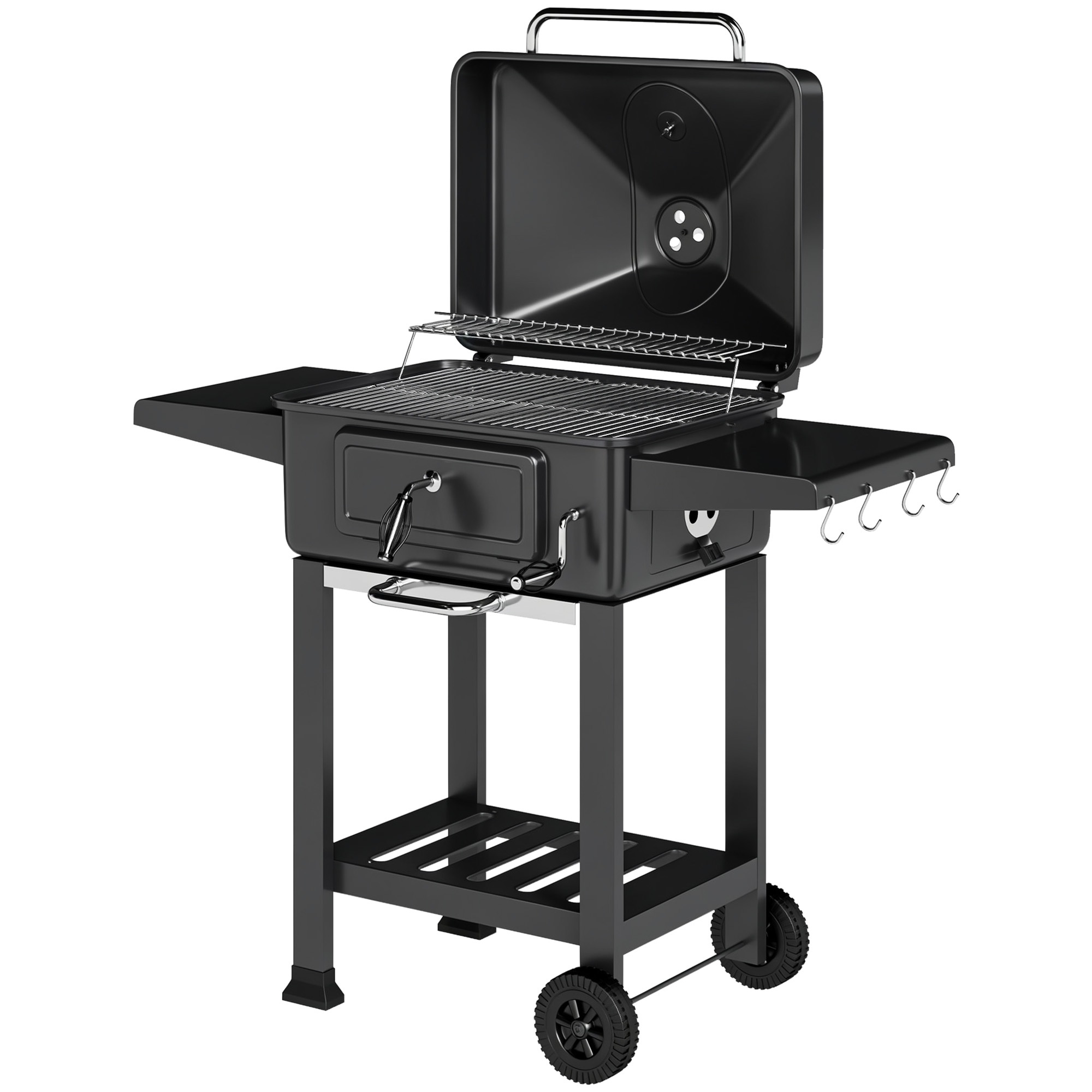 Süsigrill BBQ suitsuahi kaane, termomeetri, reguleeritava kõrgusega söepanni, grillresti, külglaua ja tuhasahtliga