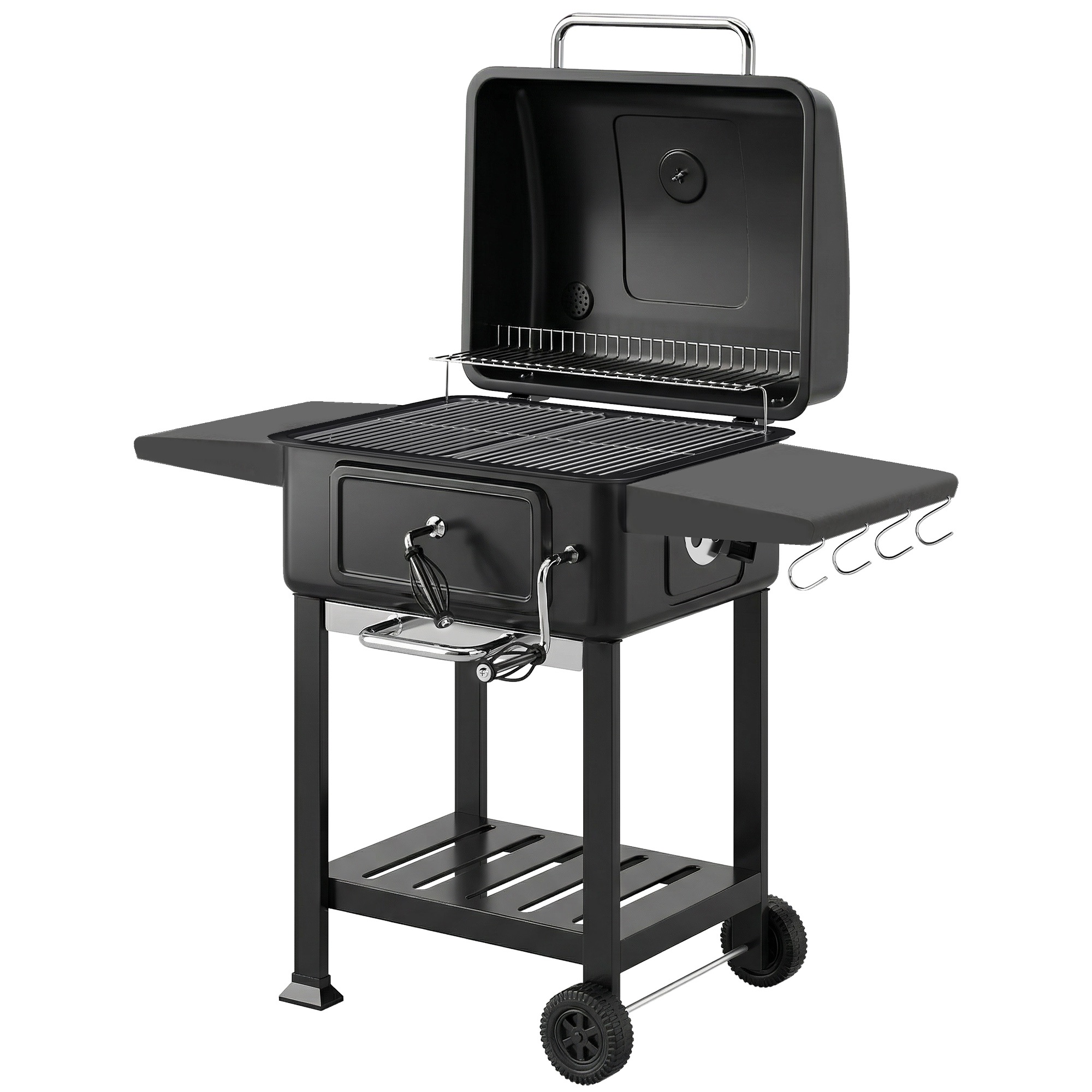 Süsigrill BBQ suitsuahi kaane, termomeetri, reguleeritava kõrgusega söepanni, korstna, grillresti, külglaua ja tuhapanniga