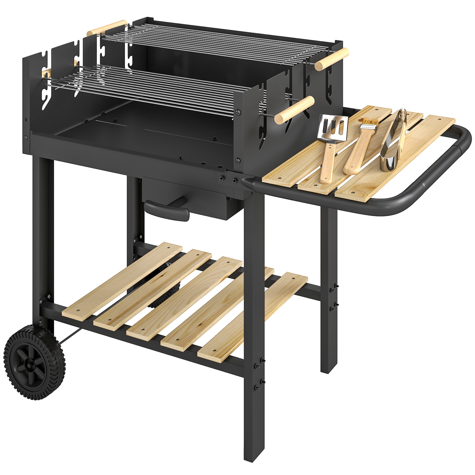 Süsigrilli käru 4-astmelise kõrgusega reguleeritava grillrestiga, 2 puidust riiulit, 2 ratast, tuhakonteiner, 99,5 x 58 x 82 cm