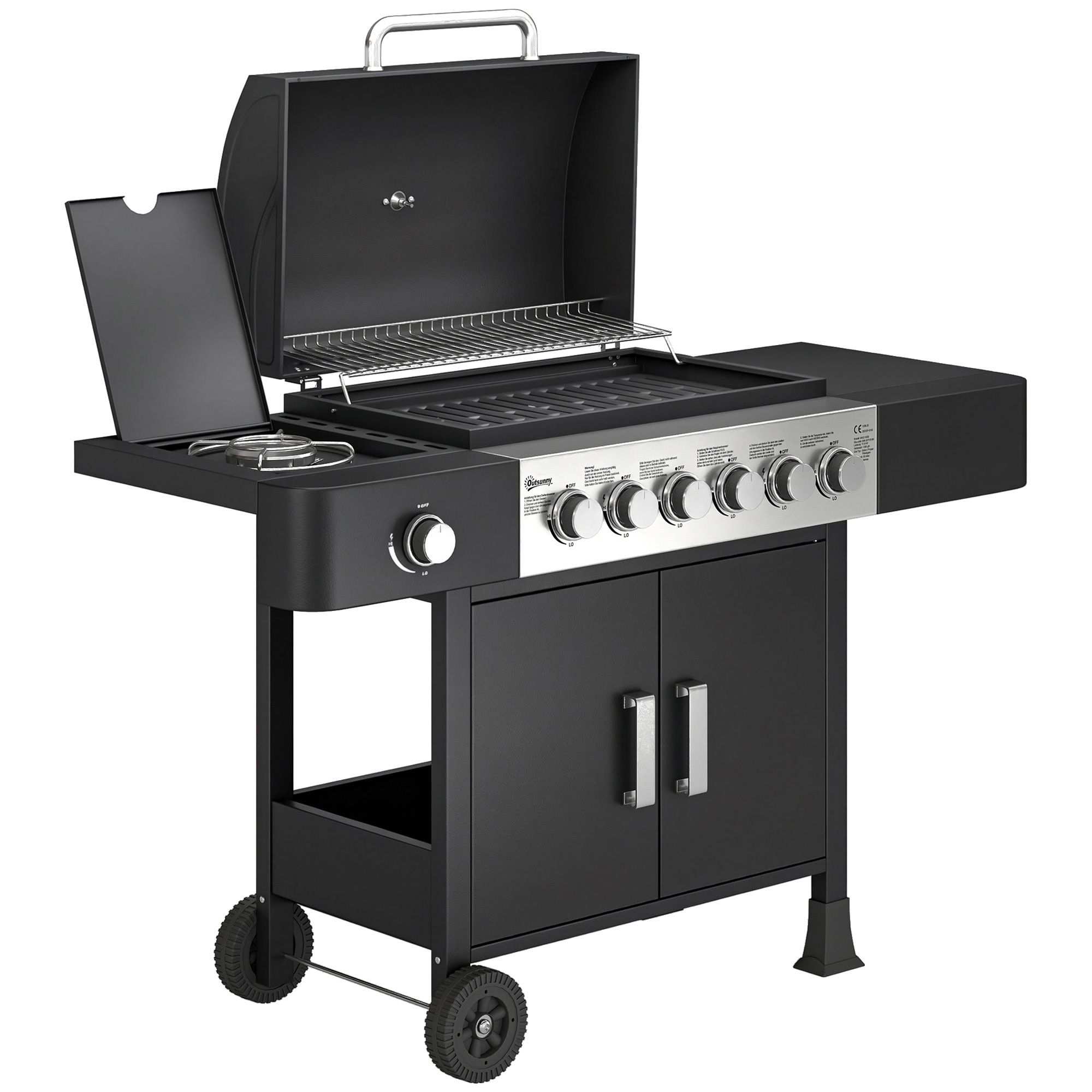 Gaasigrill 17,8 kW 6+1 põletiga BBQ grillkäru roostevabast terasest, sh rattad, külgpõleti, termomeeter, emailitud grillrest