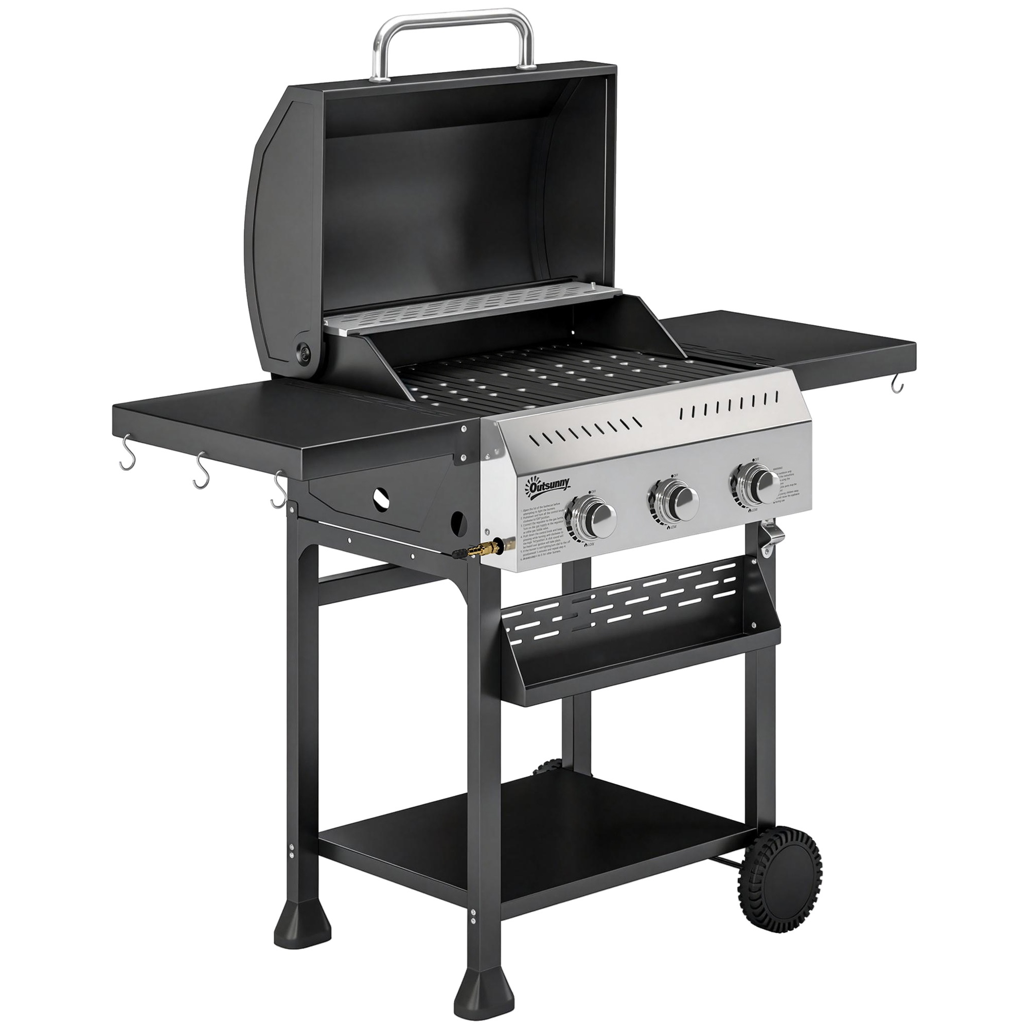 Gaasigrill 9 KW 3 põletiga BBQ grillkäru roostevabast terasest koos kokkupandava külglaua ja vürtside hoidikuga, alumise riiuliga 6 konksu
