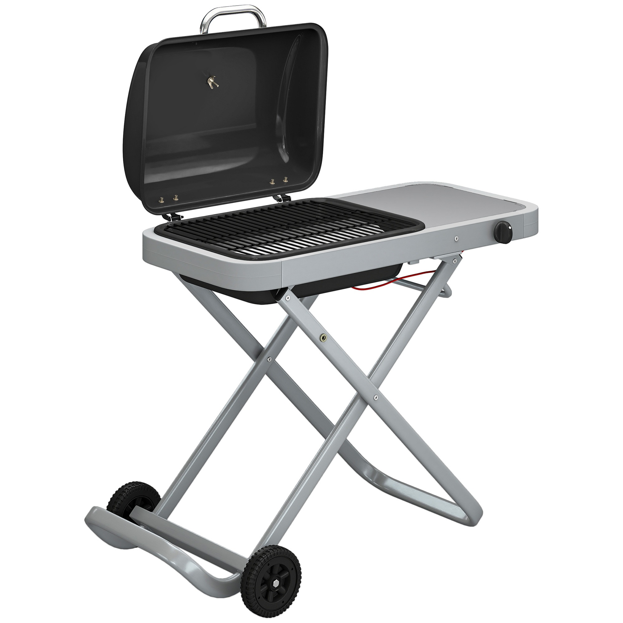 Kaasaskantav gaasigrill, 1 põleti, 2,5 kW, grillikäru kokkupandava käruga, grillrest, külglaud, kaas, termomeeter